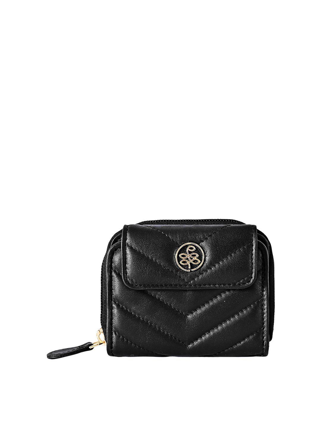 eske women black quilted leather zip around wallet