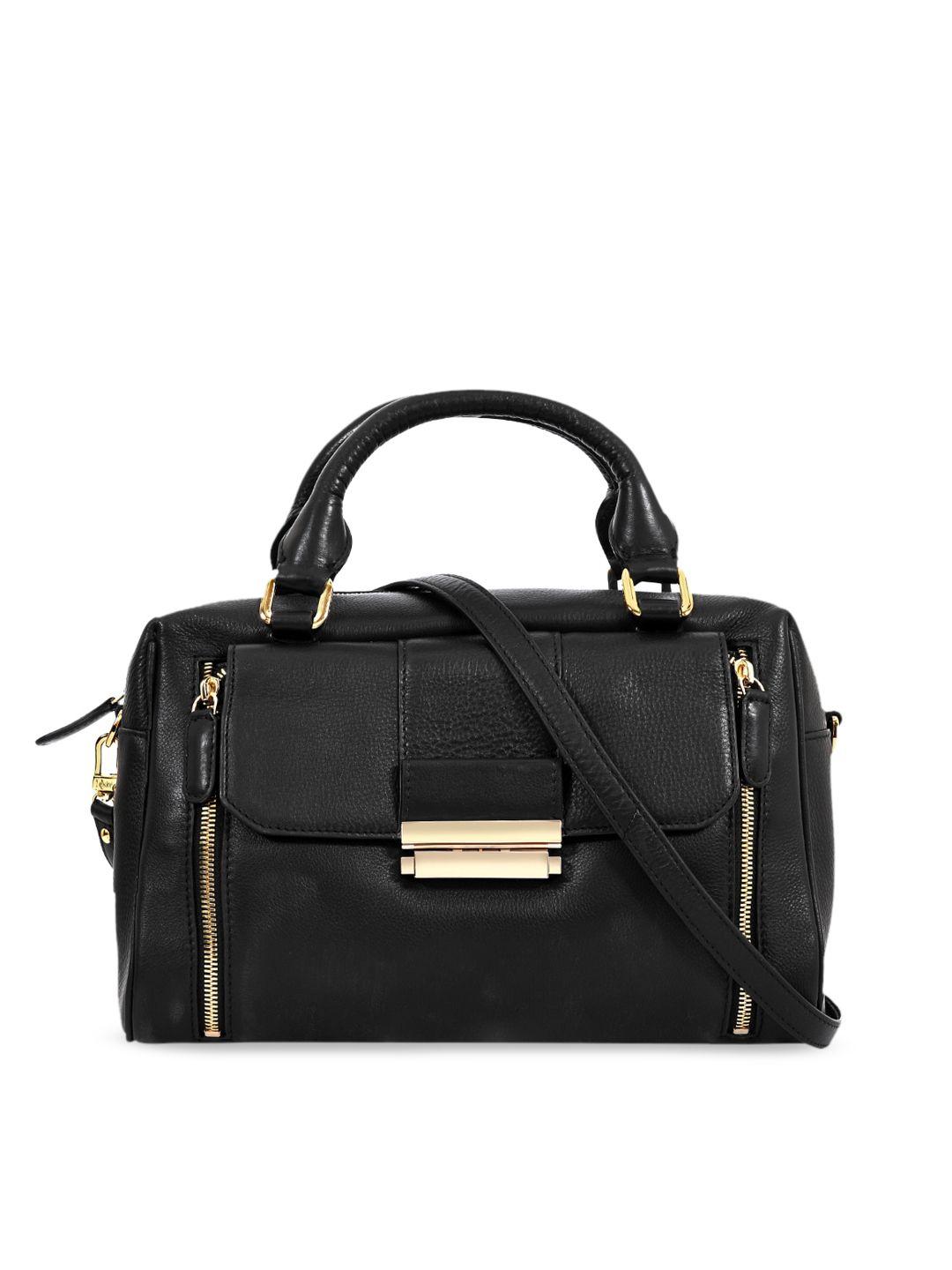 eske women black solid leather structured handheld bag