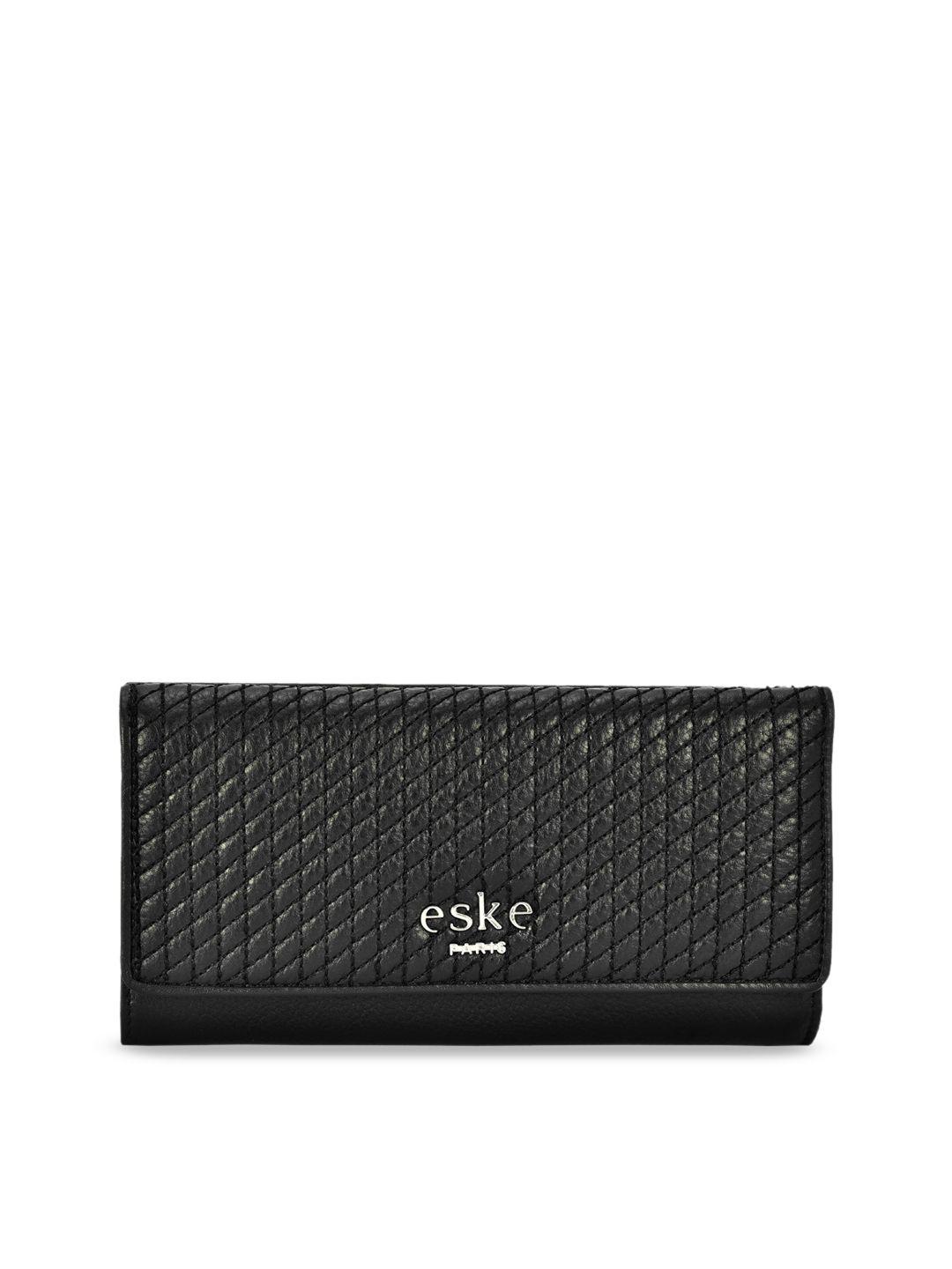 eske women black solid leather three fold wallet