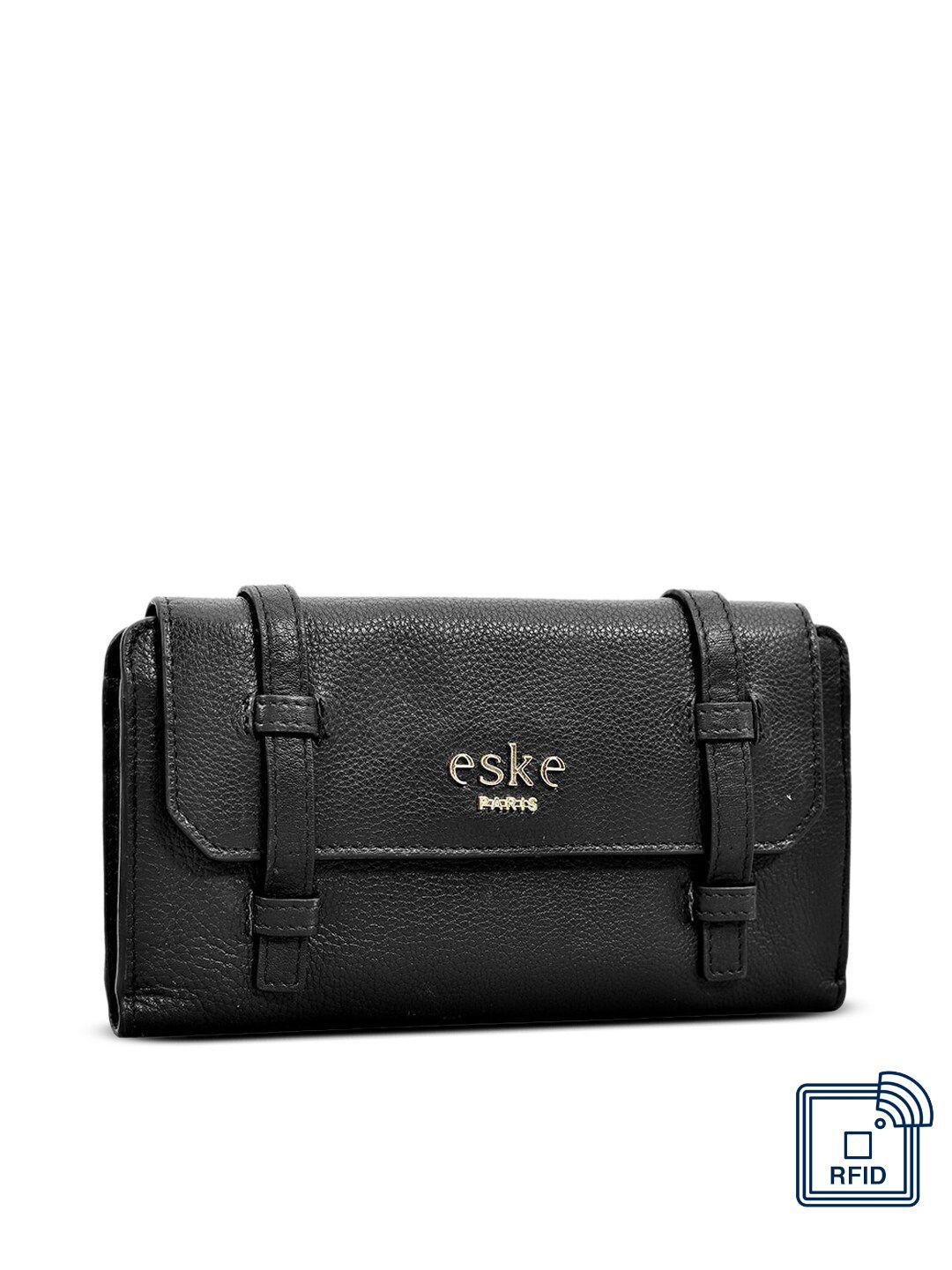 eske women black solid leather wallet