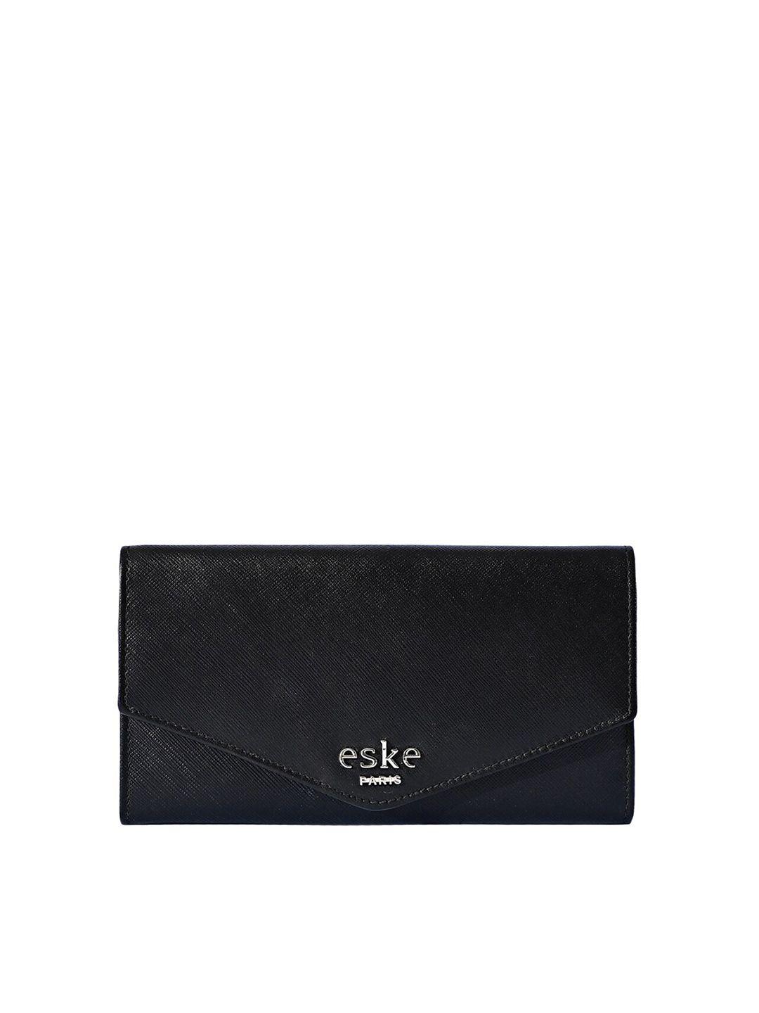 eske women black textured leather three fold wallet