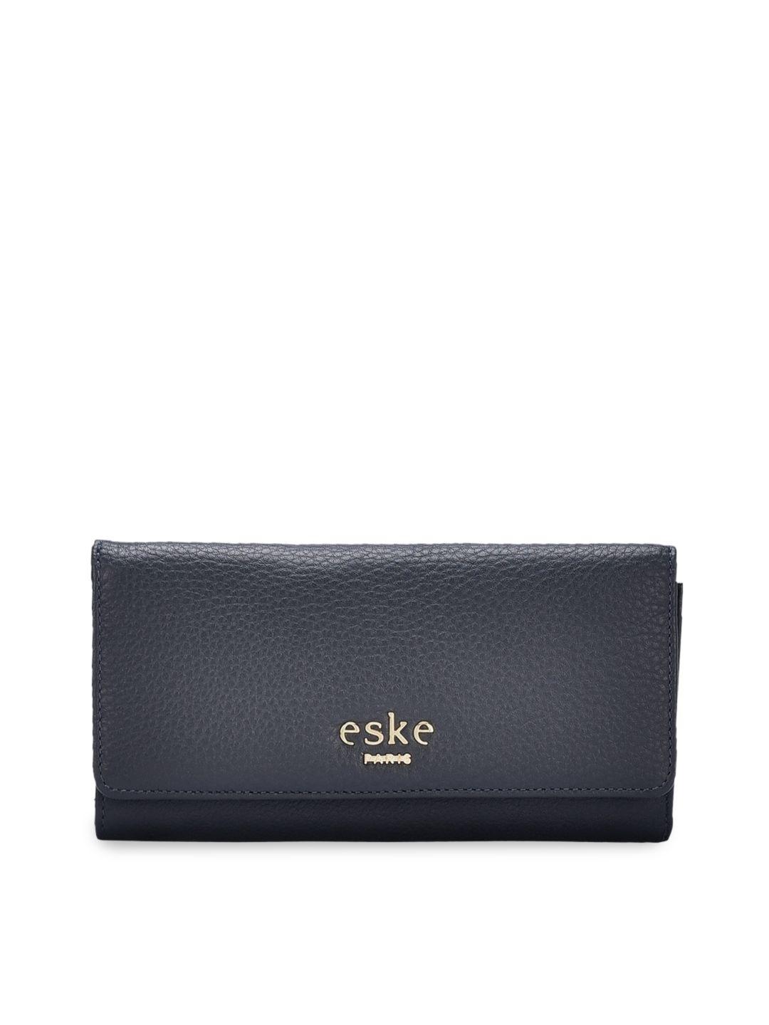 eske women navy blue solid three fold wallet