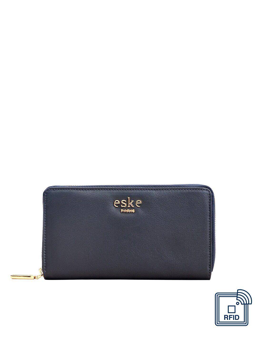 eske women navy blue textured leather zip around wallet