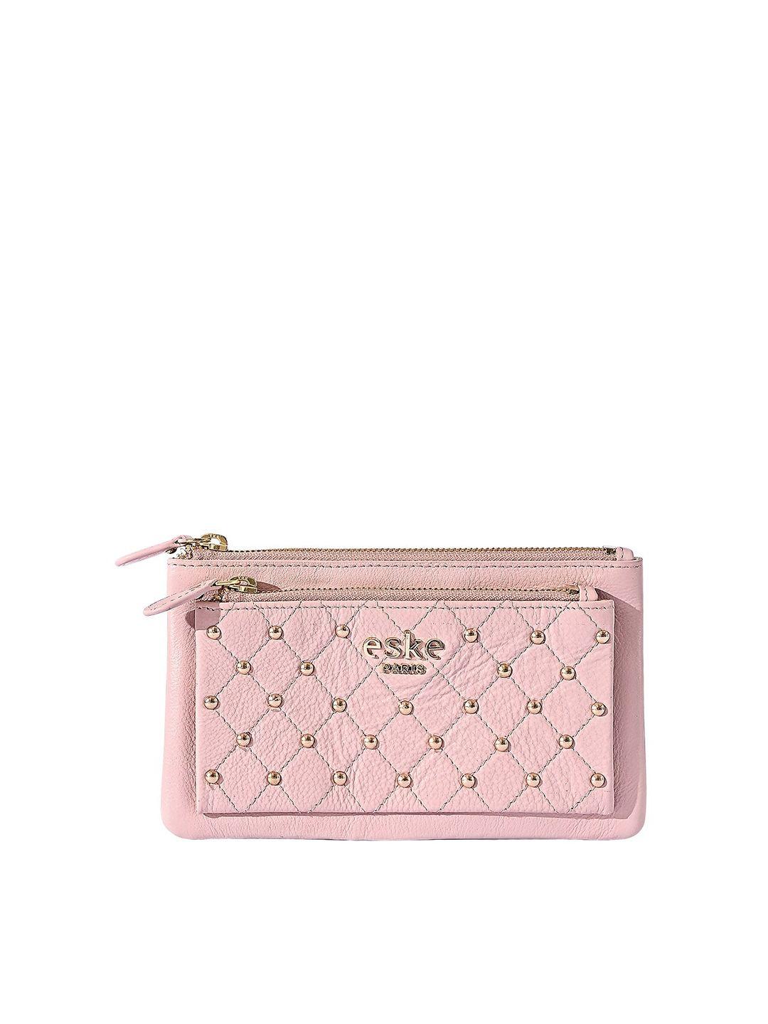 eske women rose & gold-toned textured embellished leather zip around wallet