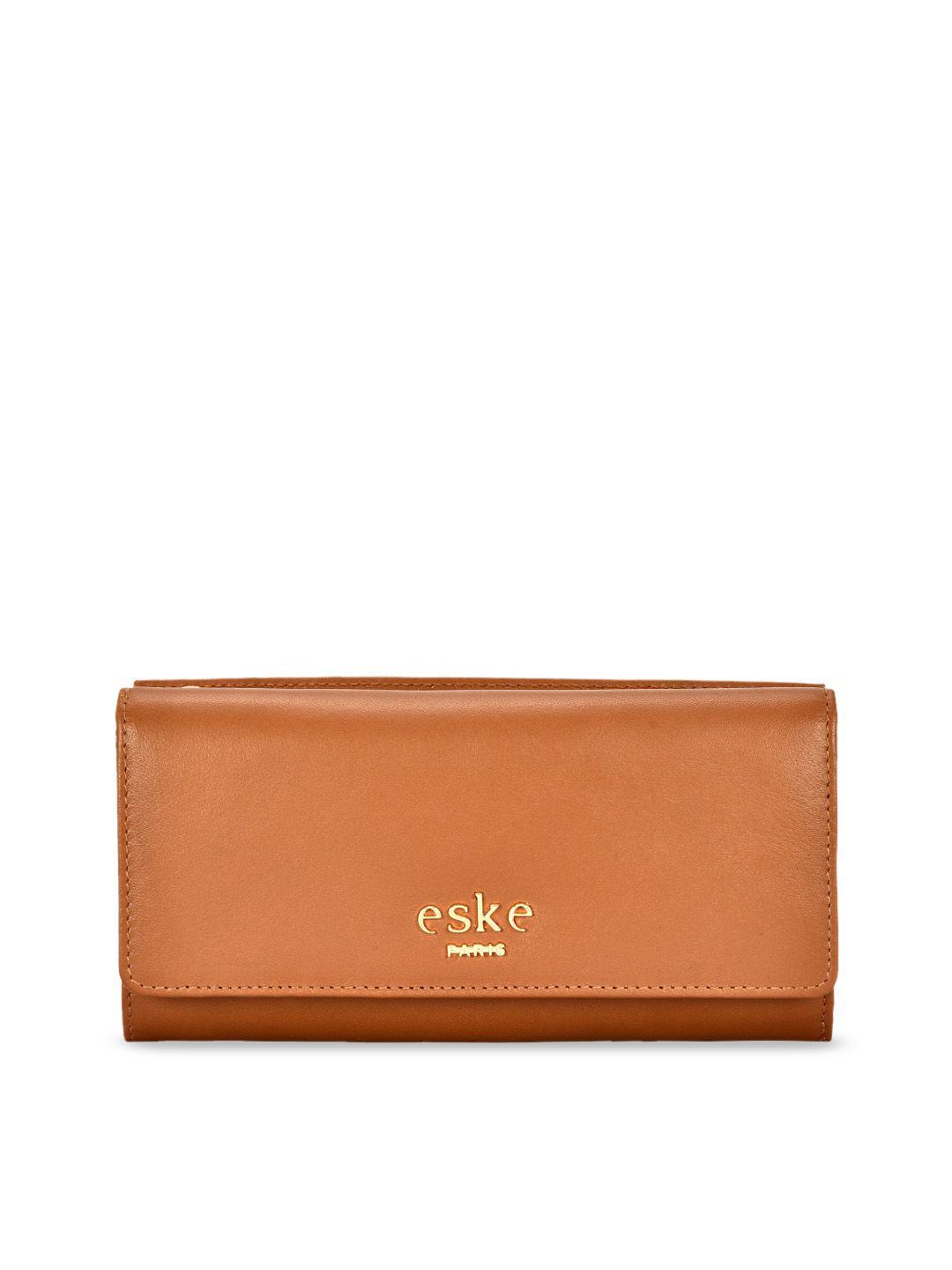 eske women tan brown solid leather three fold wallet