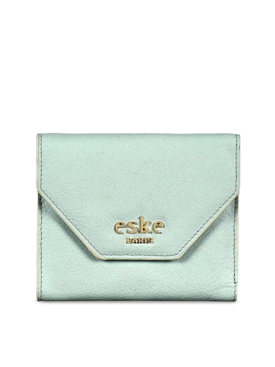 eske women turquoise blue solid leather three fold wallet