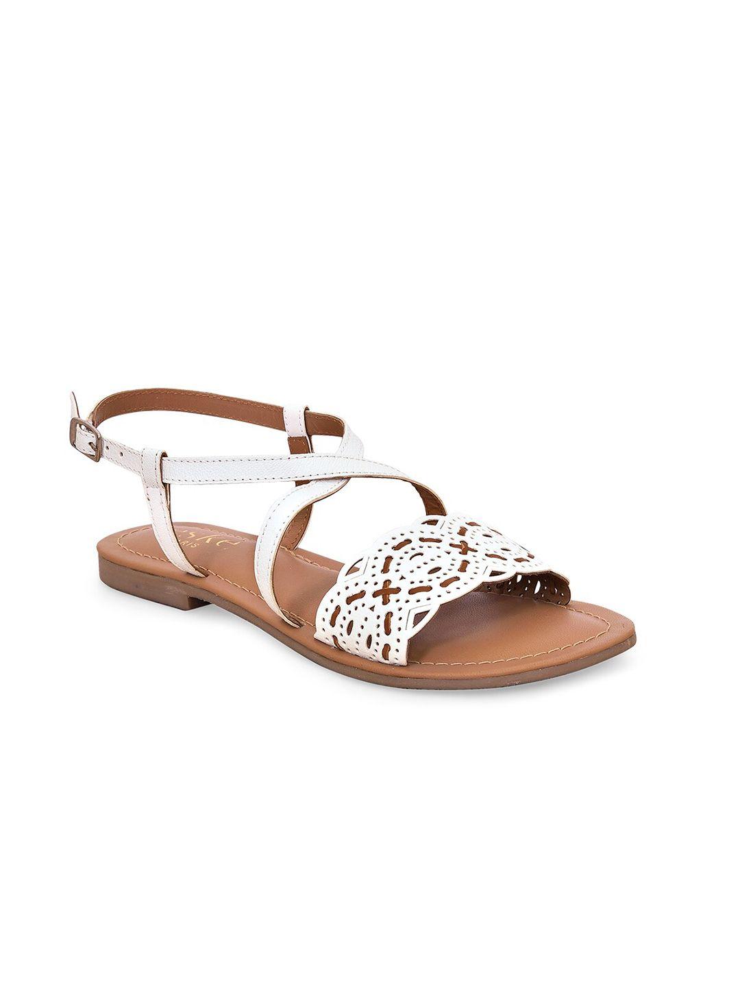 eske women white & brown leather open toe flats