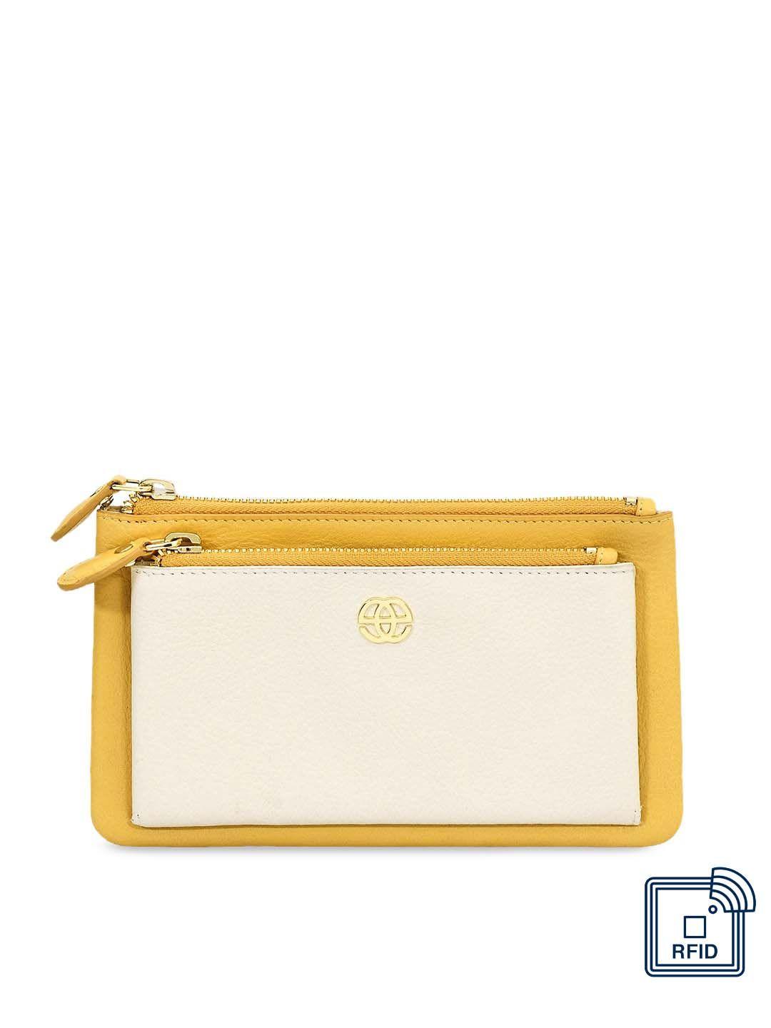 eske women yellow & off-white colourblocked zip around wallet