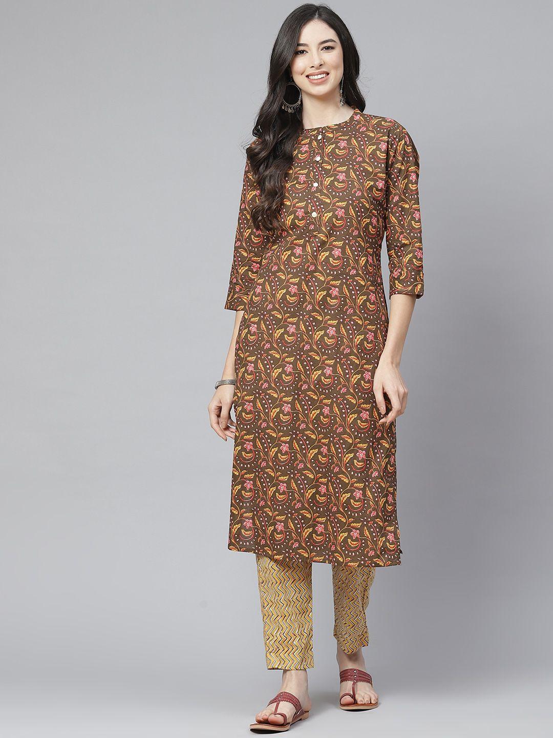 esme women brown & yellow floral printed regular pure cotton kurta with trousers