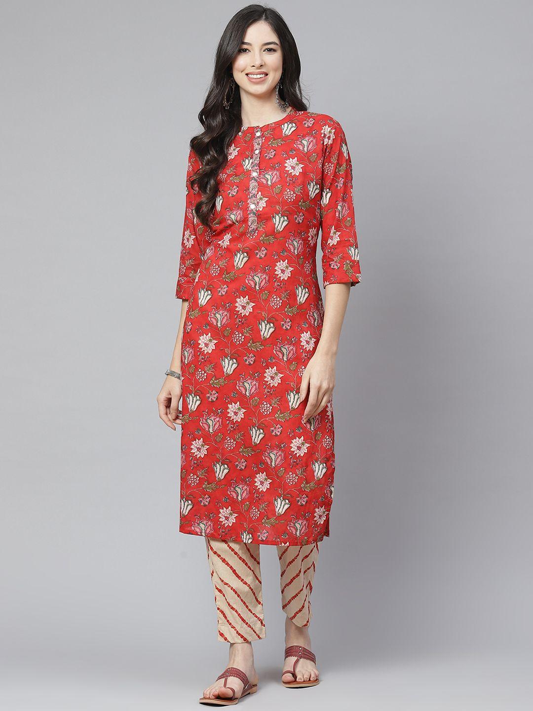 esme women red & cream-coloured floral printed regular pure cotton kurta with trousers