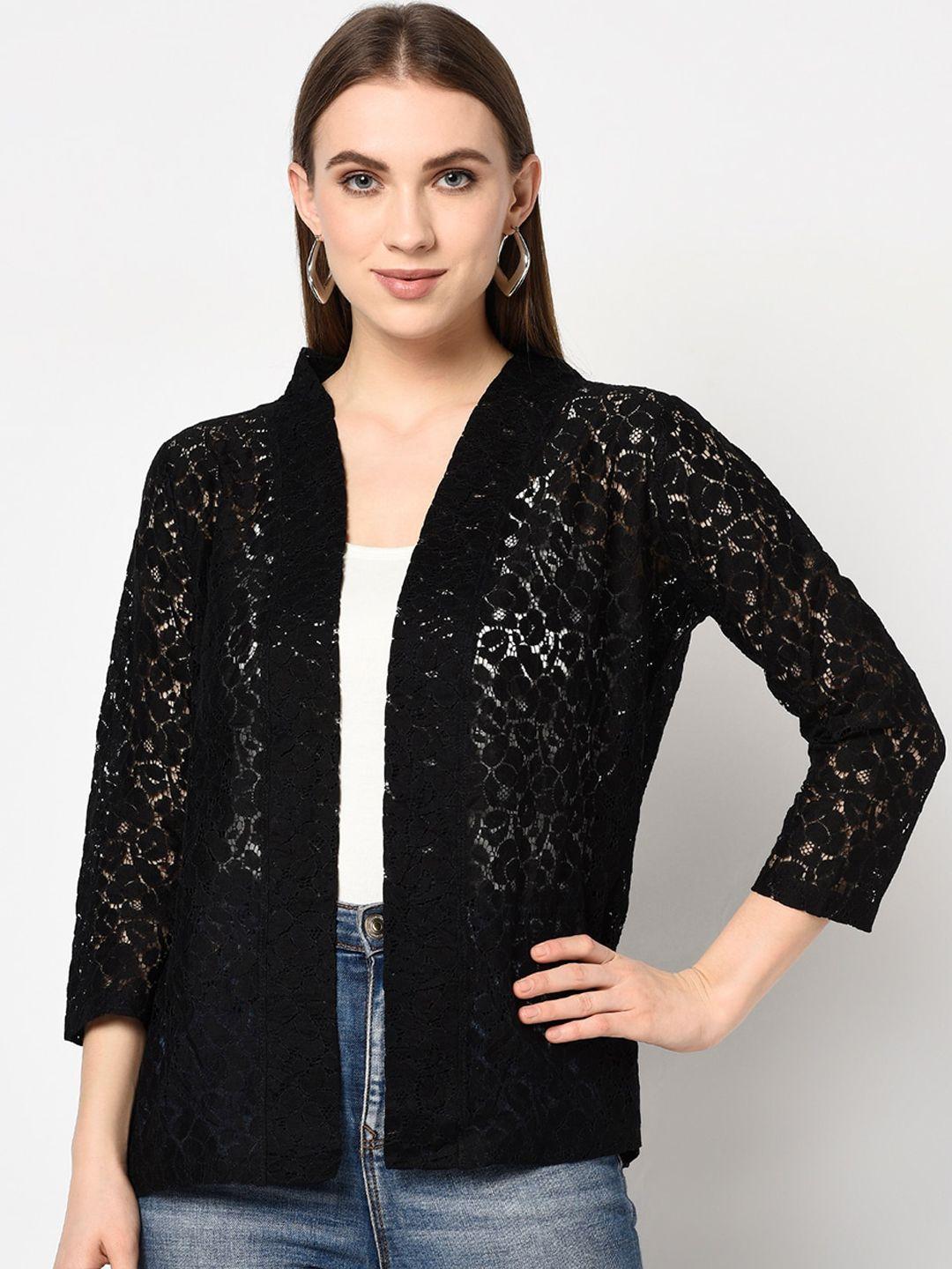 espresso women black self design lace open front shrug