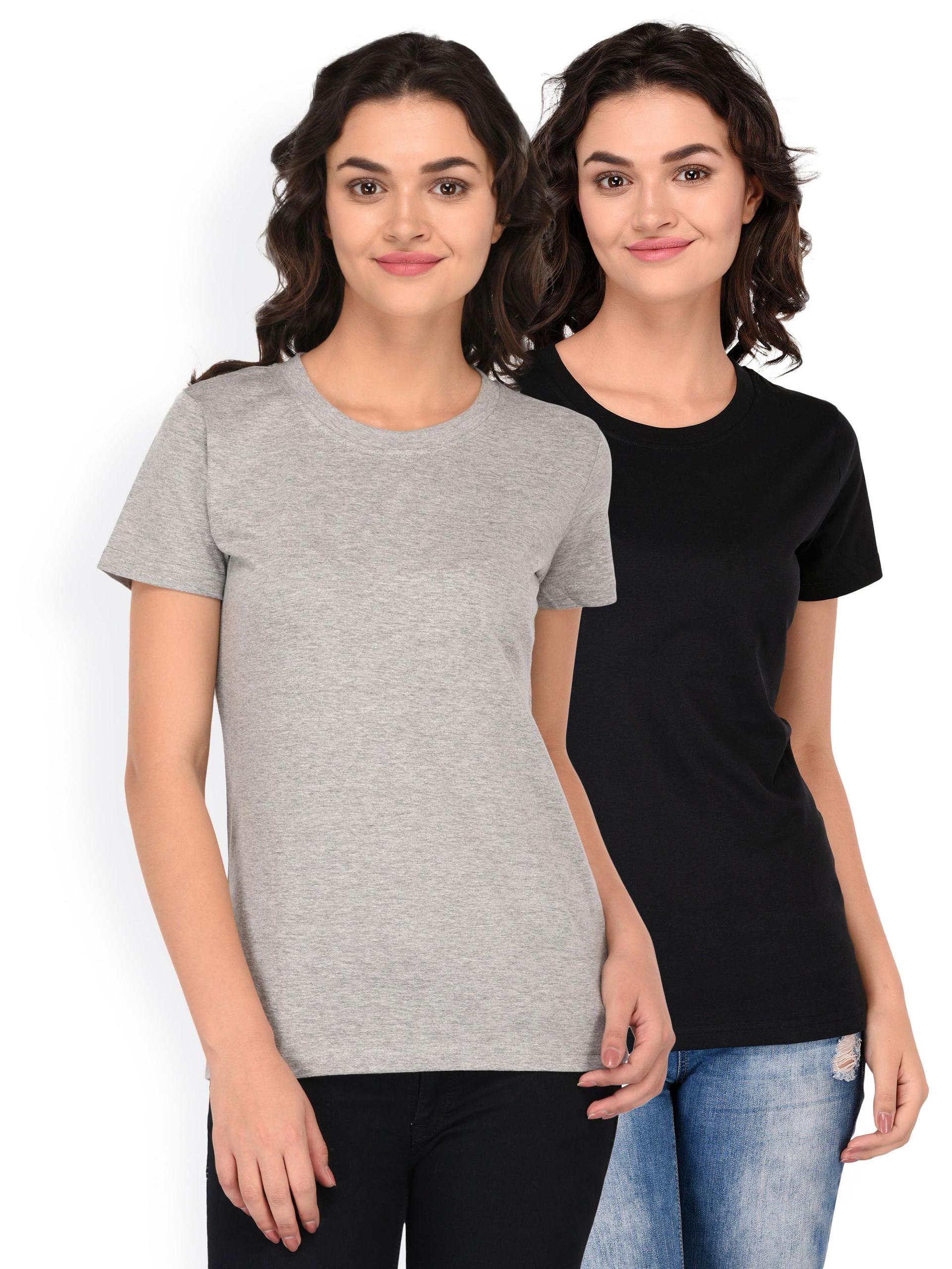 espresso women set of 2 grey melange  black solid round neck pure cotton t-shirt