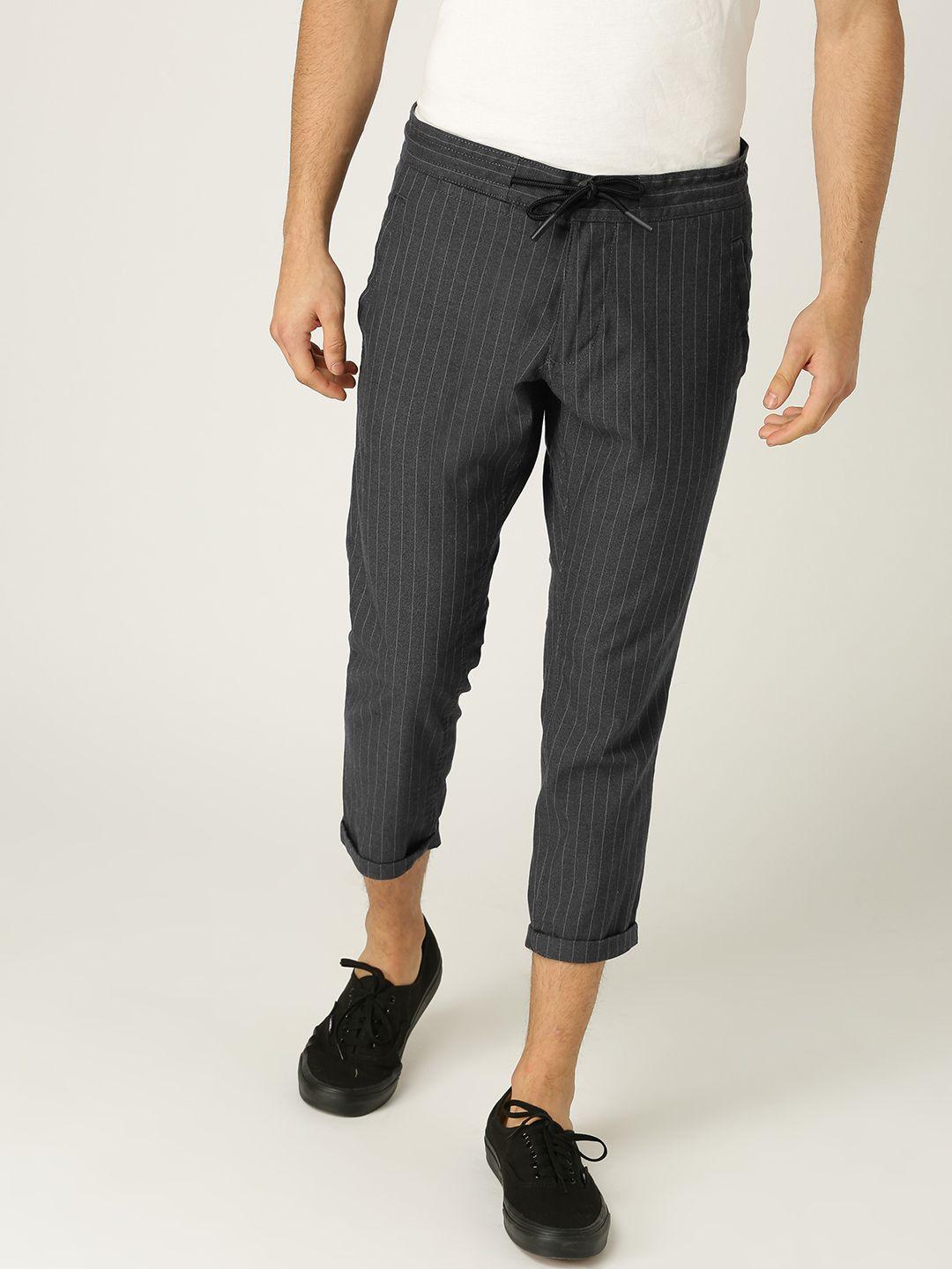 esprit men charcoal grey slim fit striped regular cropped trousers
