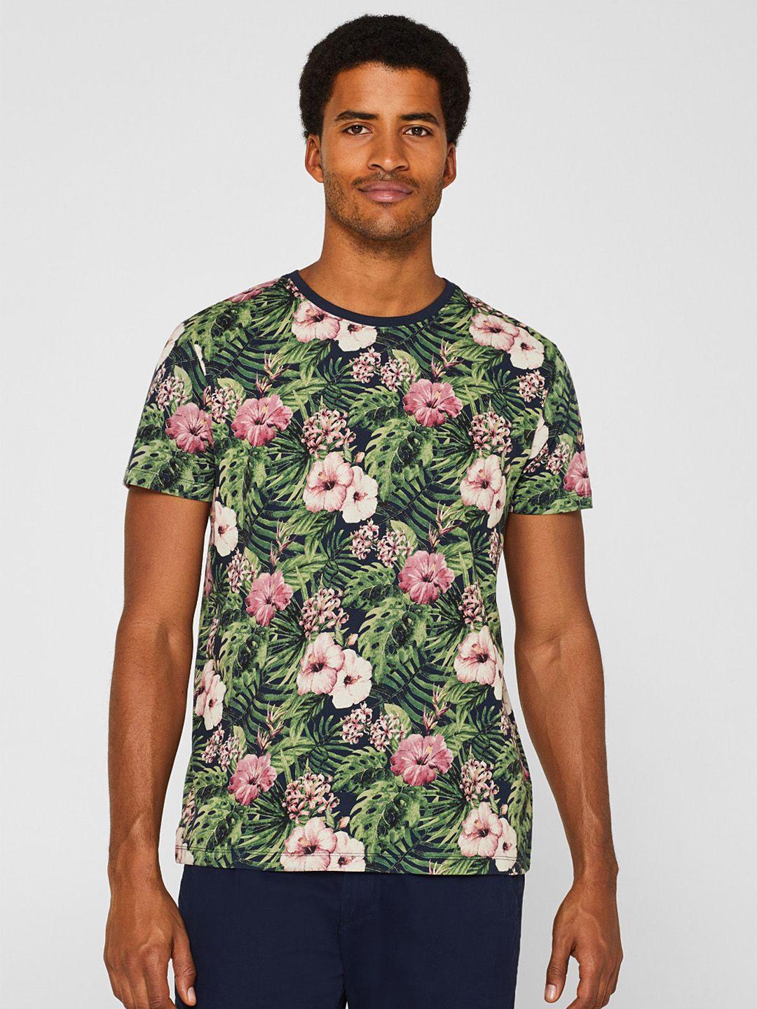 esprit men green & pink printed round neck t-shirt