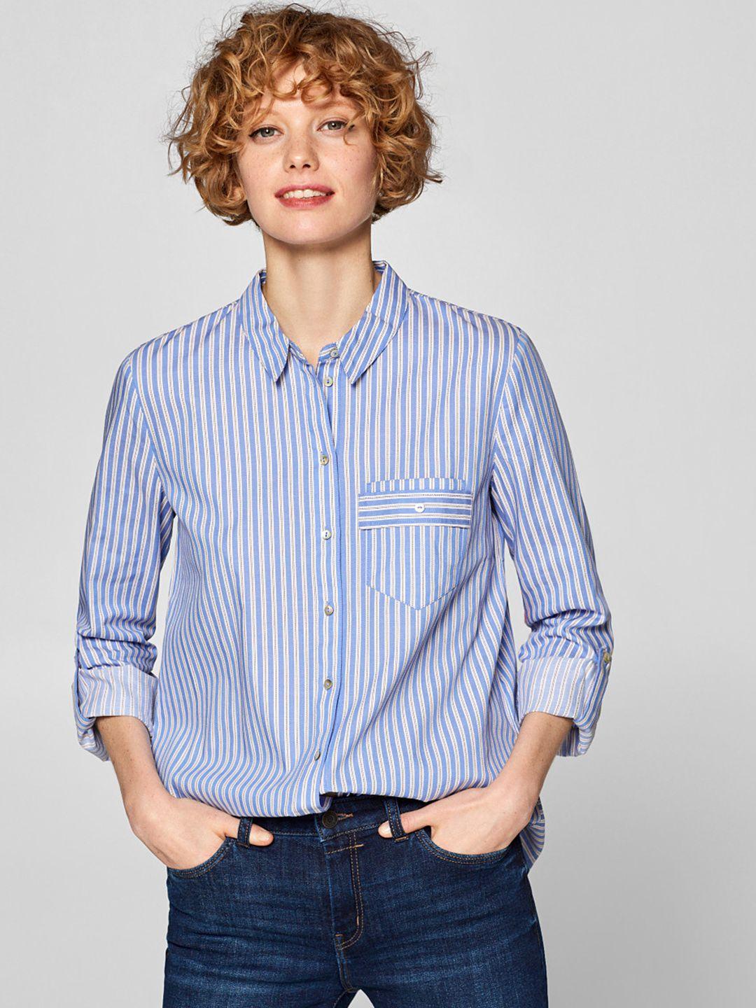 esprit women blue & off-white regular fit striped casual shirt