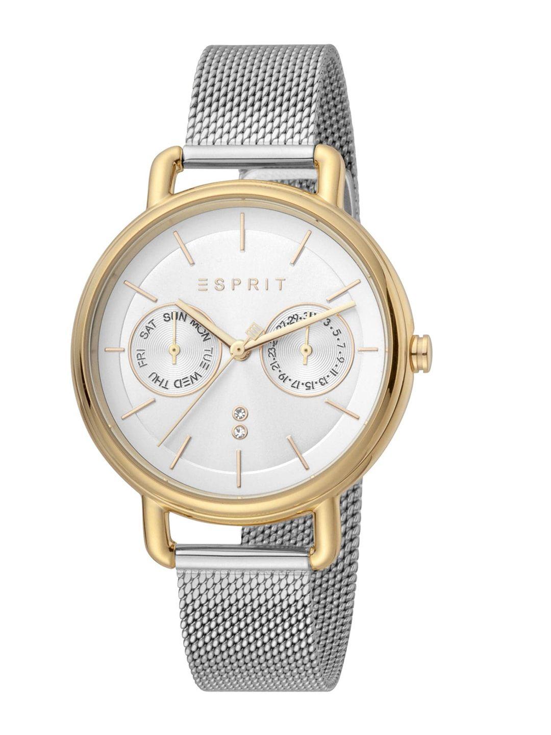 esprit women brass dial & stainless steel straps textured analogue watch es1l179m0105