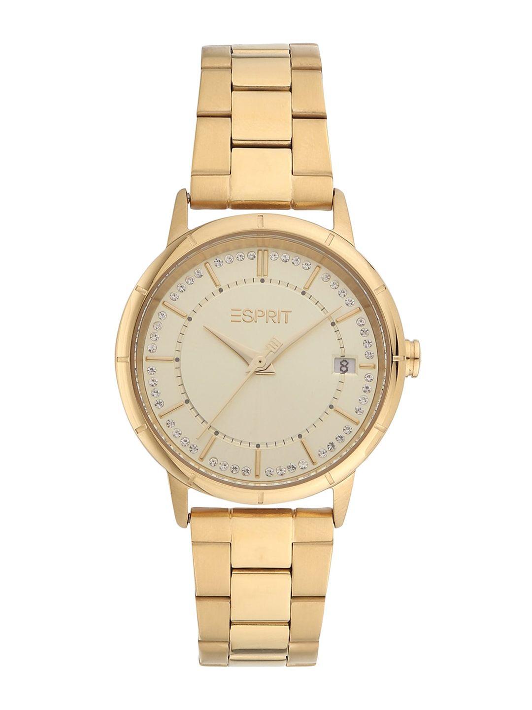 esprit women bronze-toned embellished dial & gold toned stainless steel bracelet straps analogue watch es1l181m2065