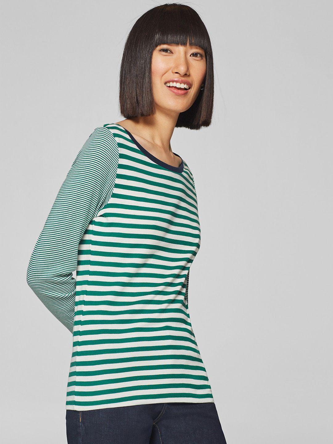 esprit women green & white striped round neck t-shirt