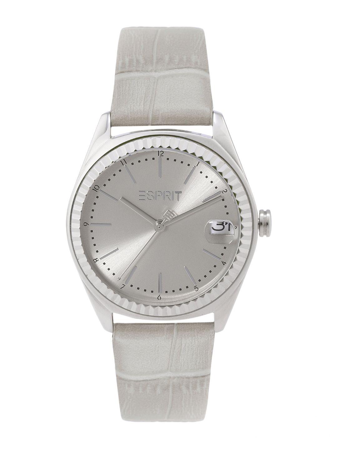 esprit women grey dial & leather straps charlie analogue watch es1l383l0065