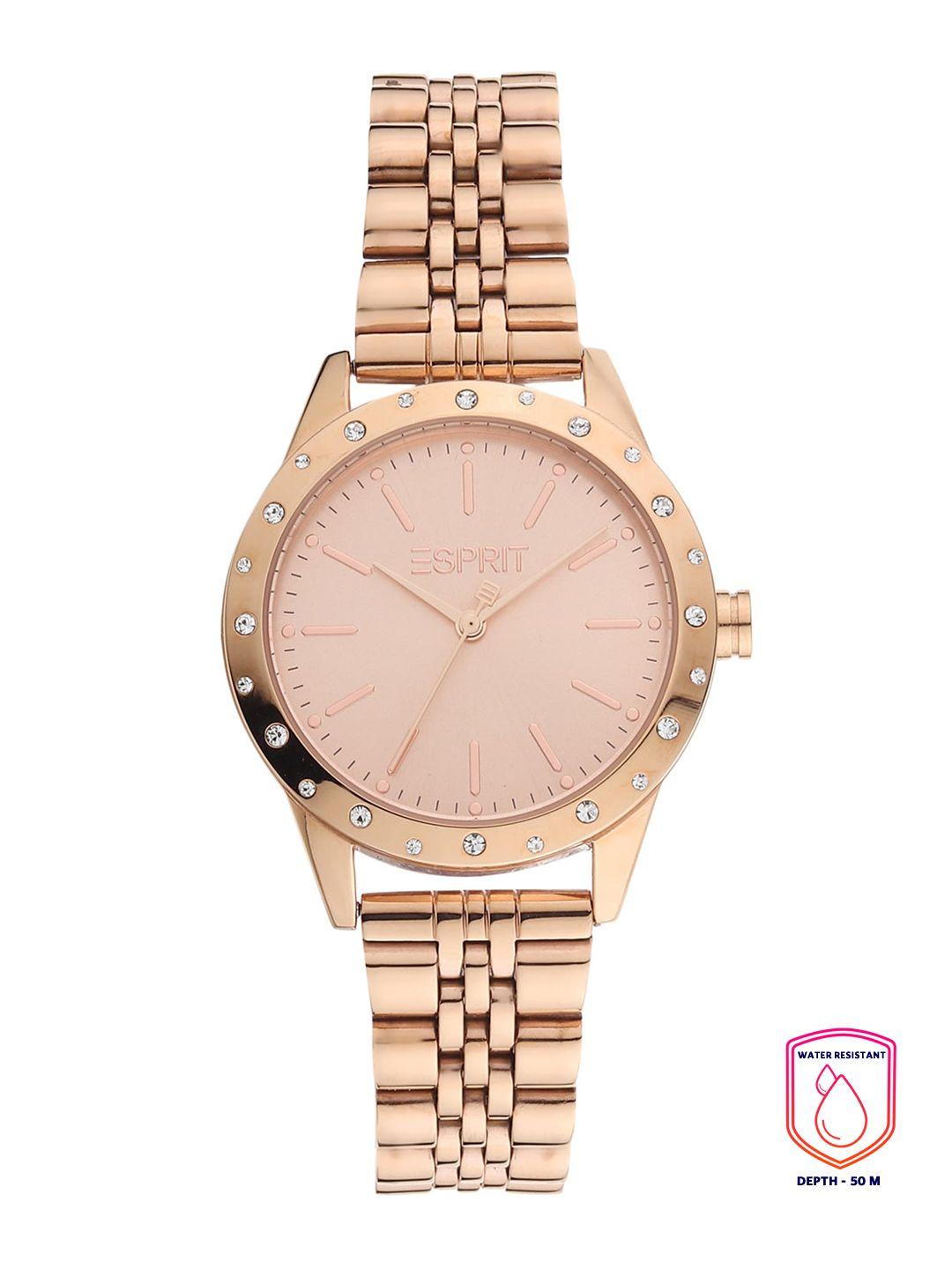 esprit women rose gold-toned embellished dial & rose gold toned stainless steel bracelet style straps watch