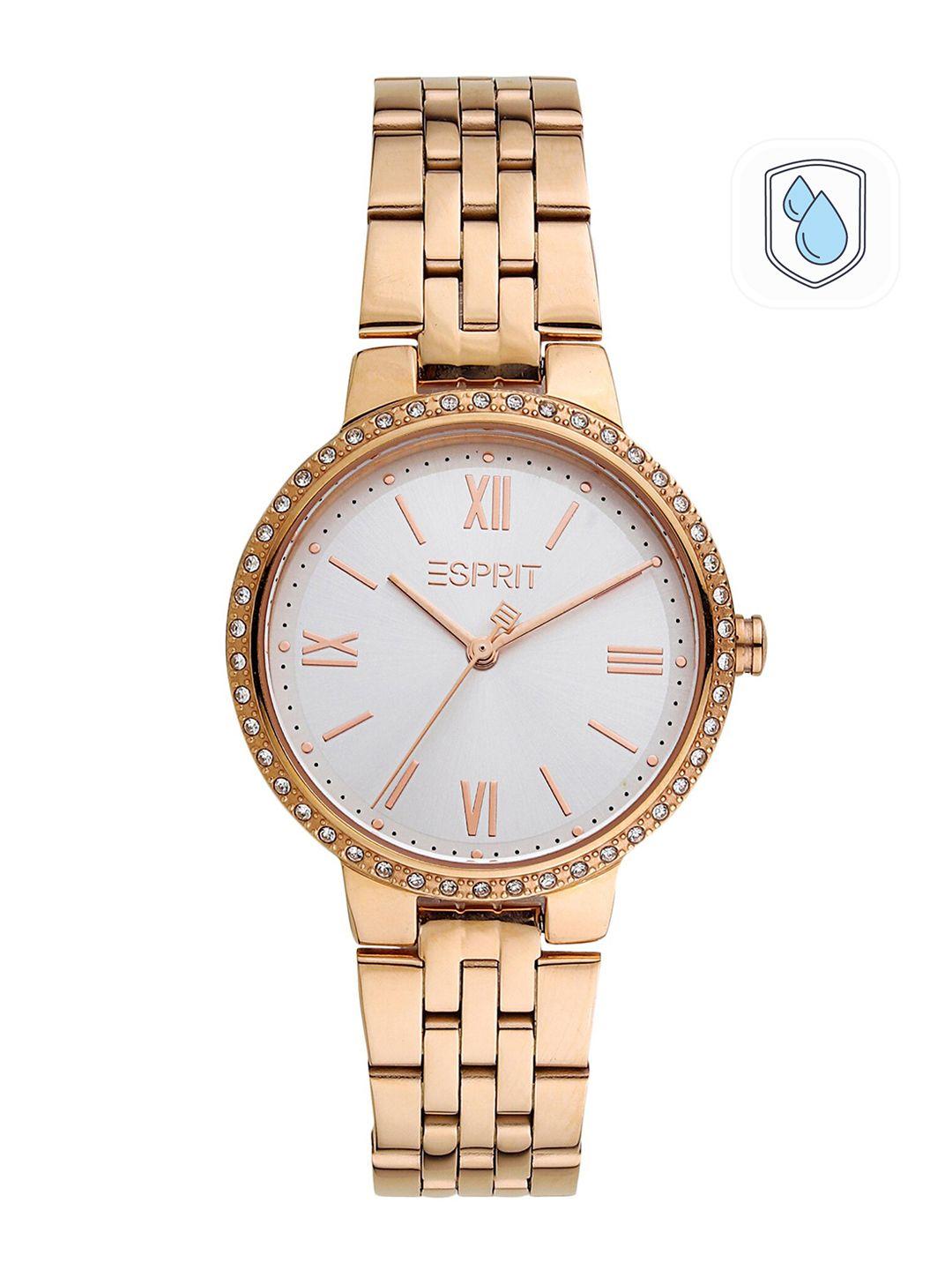 esprit women rose gold-toned embellished dial & rose gold toned stainless steel bracelet style straps watch