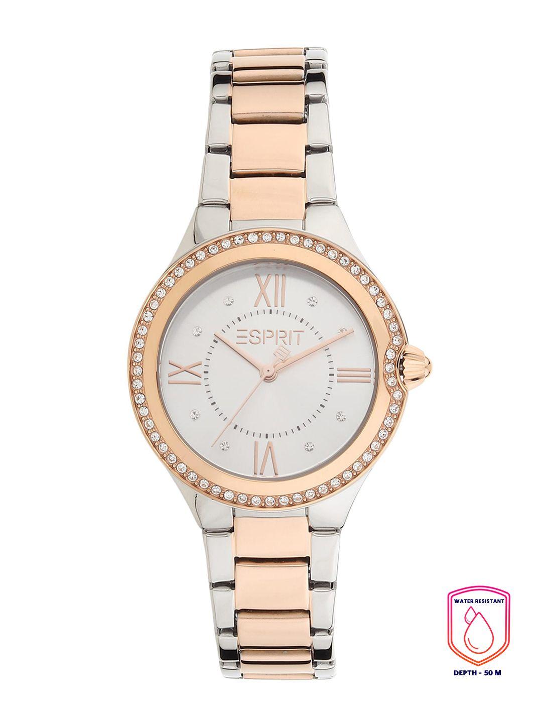 esprit women silver-toned embellished dial & rose gold toned stainless steel bracelet style straps analogue watch