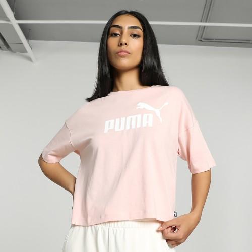 ess cropped logo tee women solid crew neck pure cotton pink t-shirt