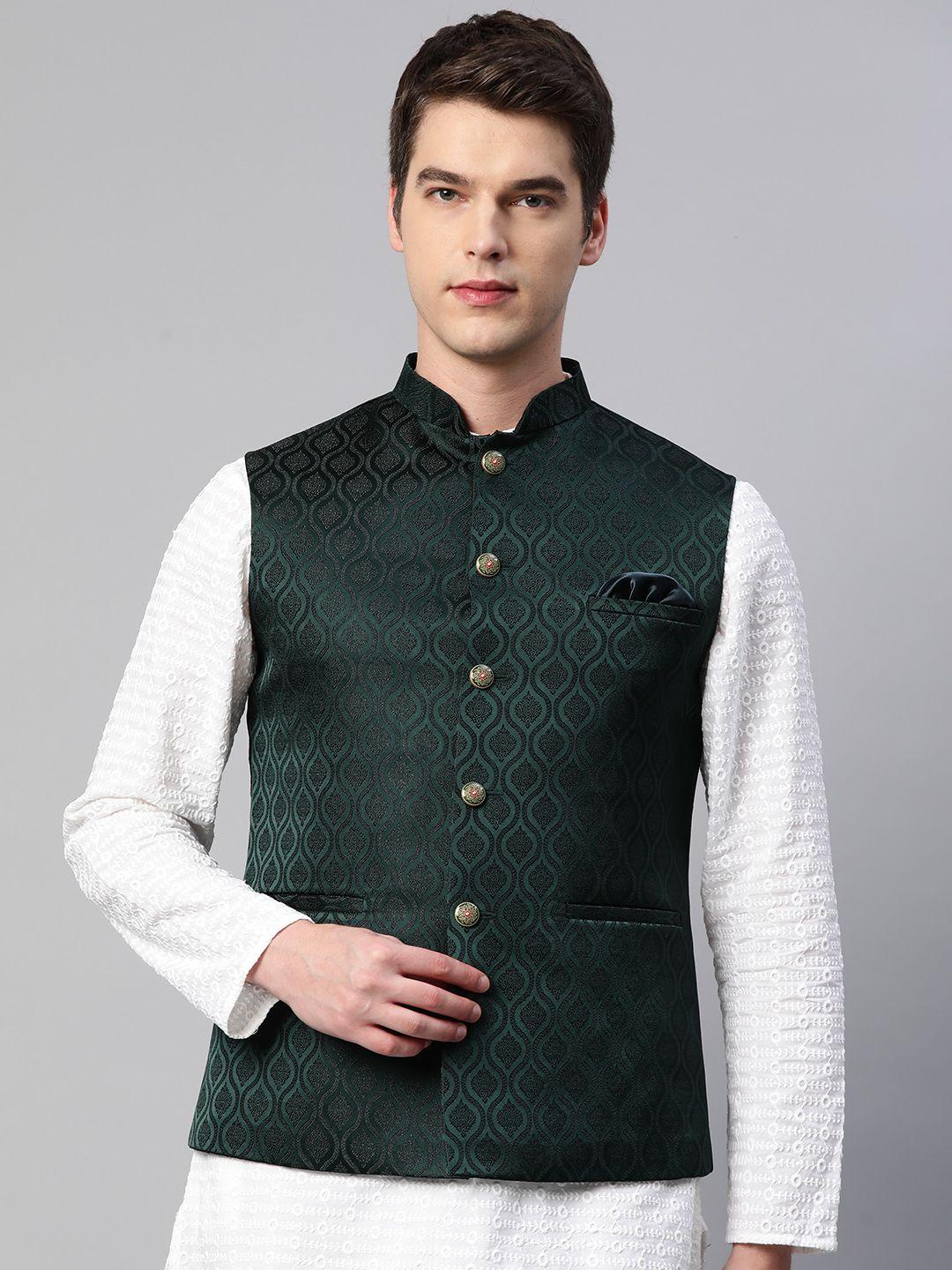 essas club men green ethnic motif woven design mandarin collar nehru jacket