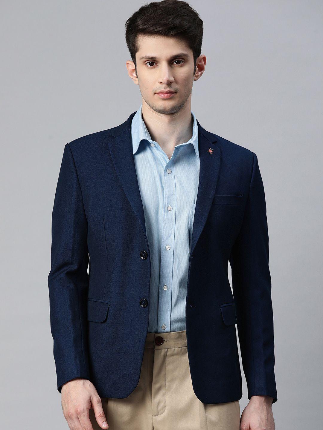 essas club men navy blue solid single breasted blazer with lapel pin