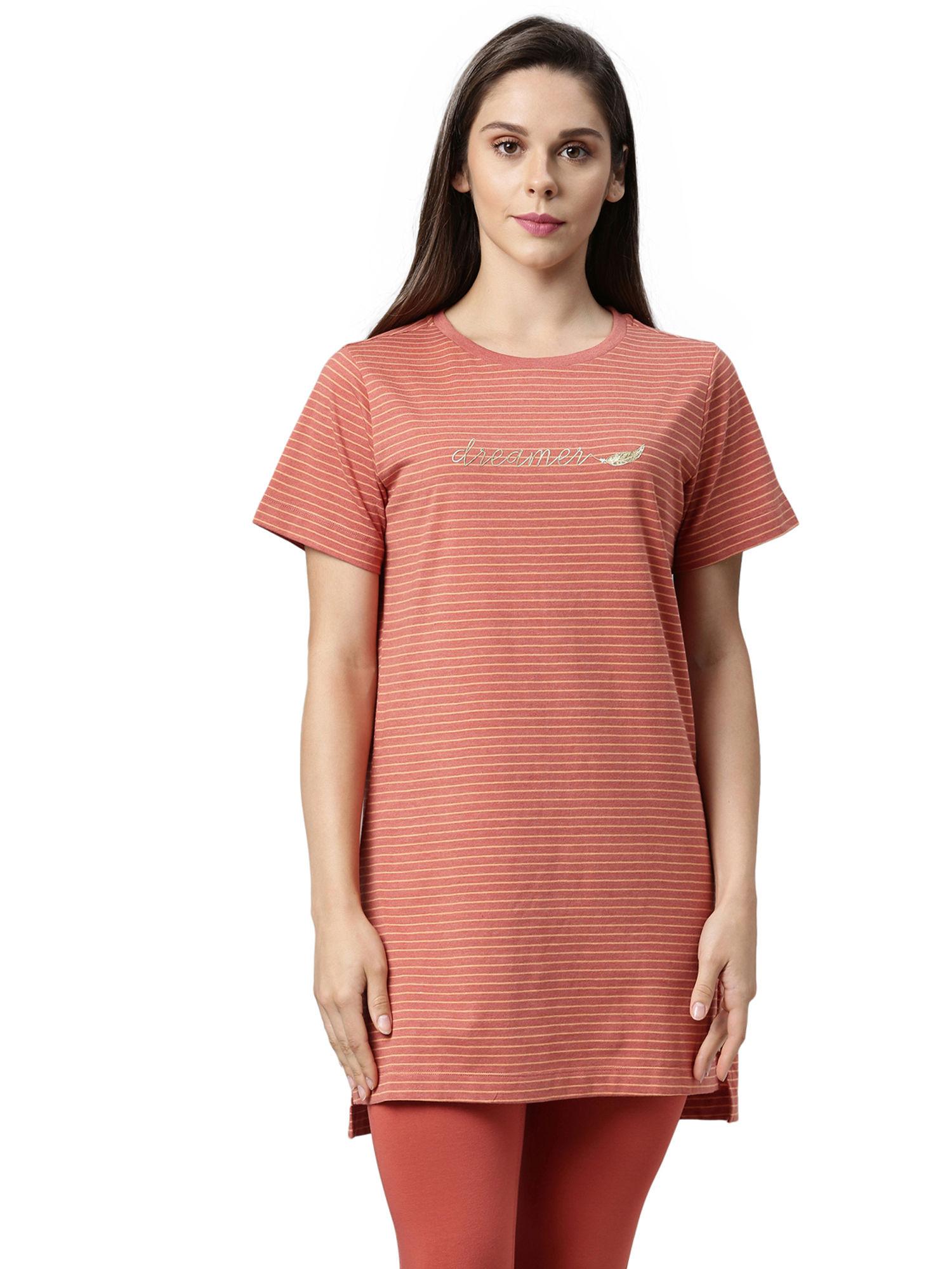 essential brick melange and salmon short sleeve cotton long tee - orange