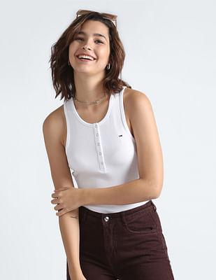 essential button placket ribbed tank t-shirt