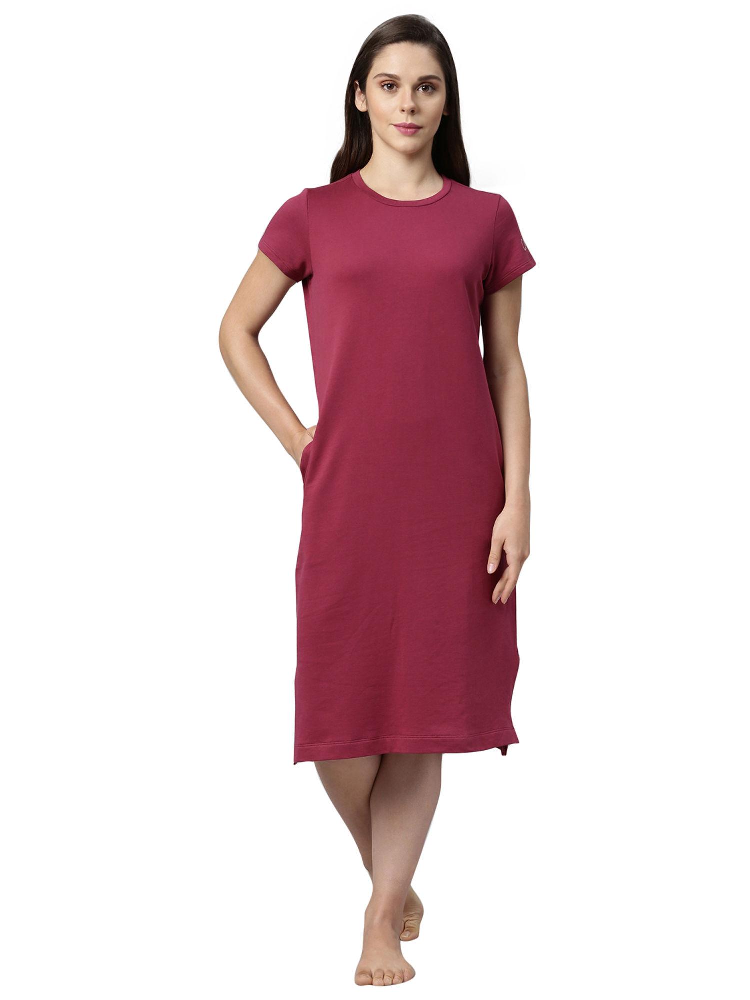 essential cotton terry lounge dress - maroon