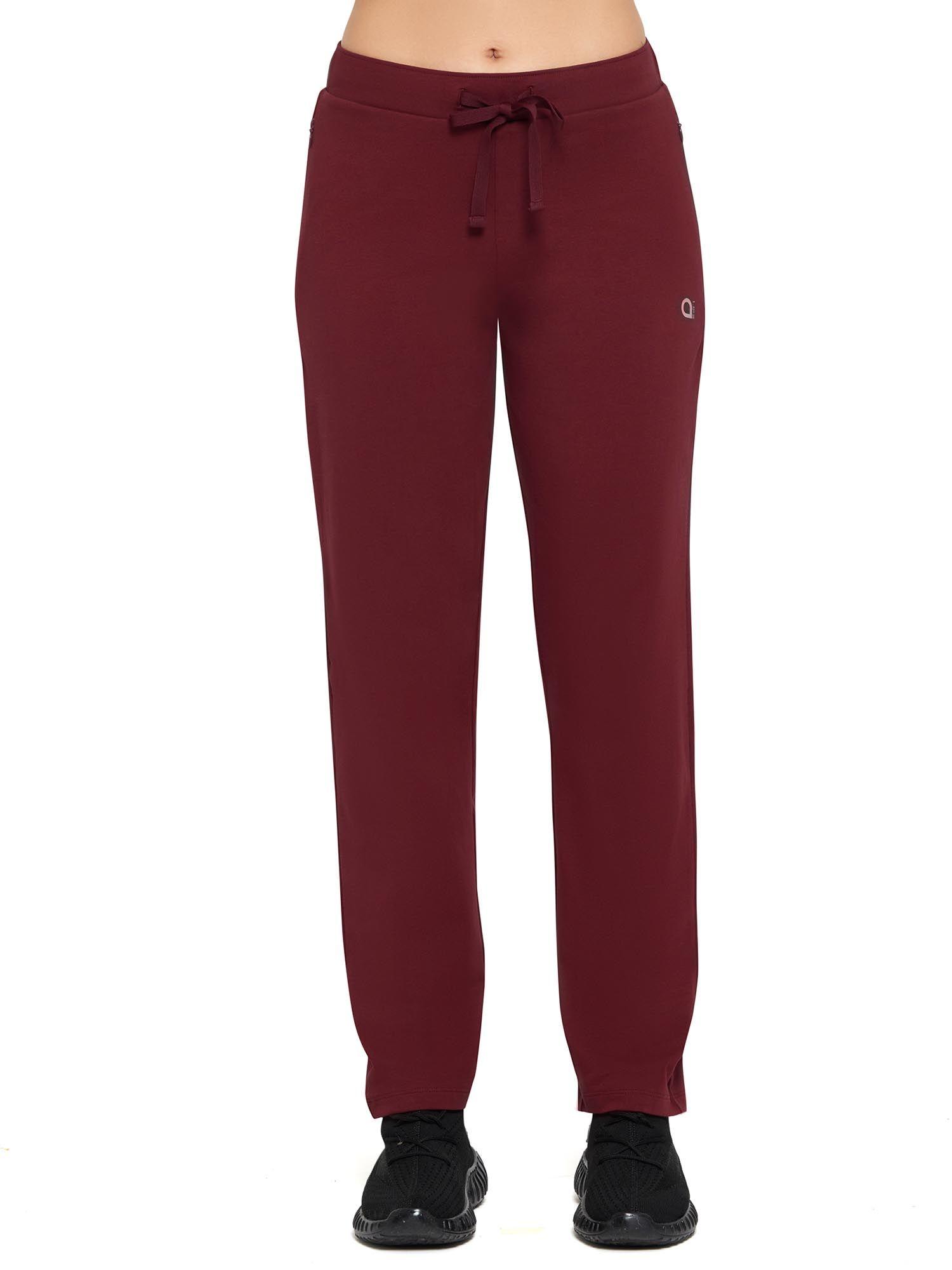 essential solid mid rise relaxed full length pant-maroon