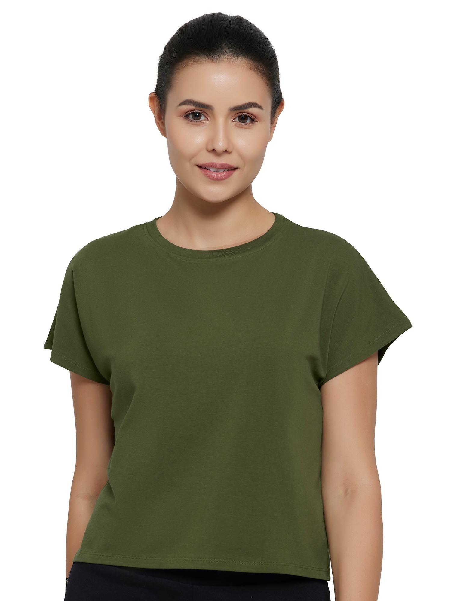 essential solid round neck short sleeve crop t-shirt-green