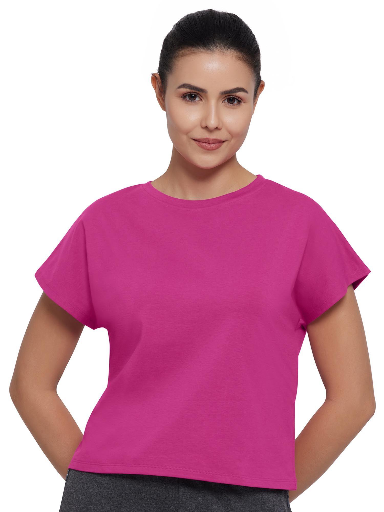 essential solid round neck short sleeve crop t-shirt-purple