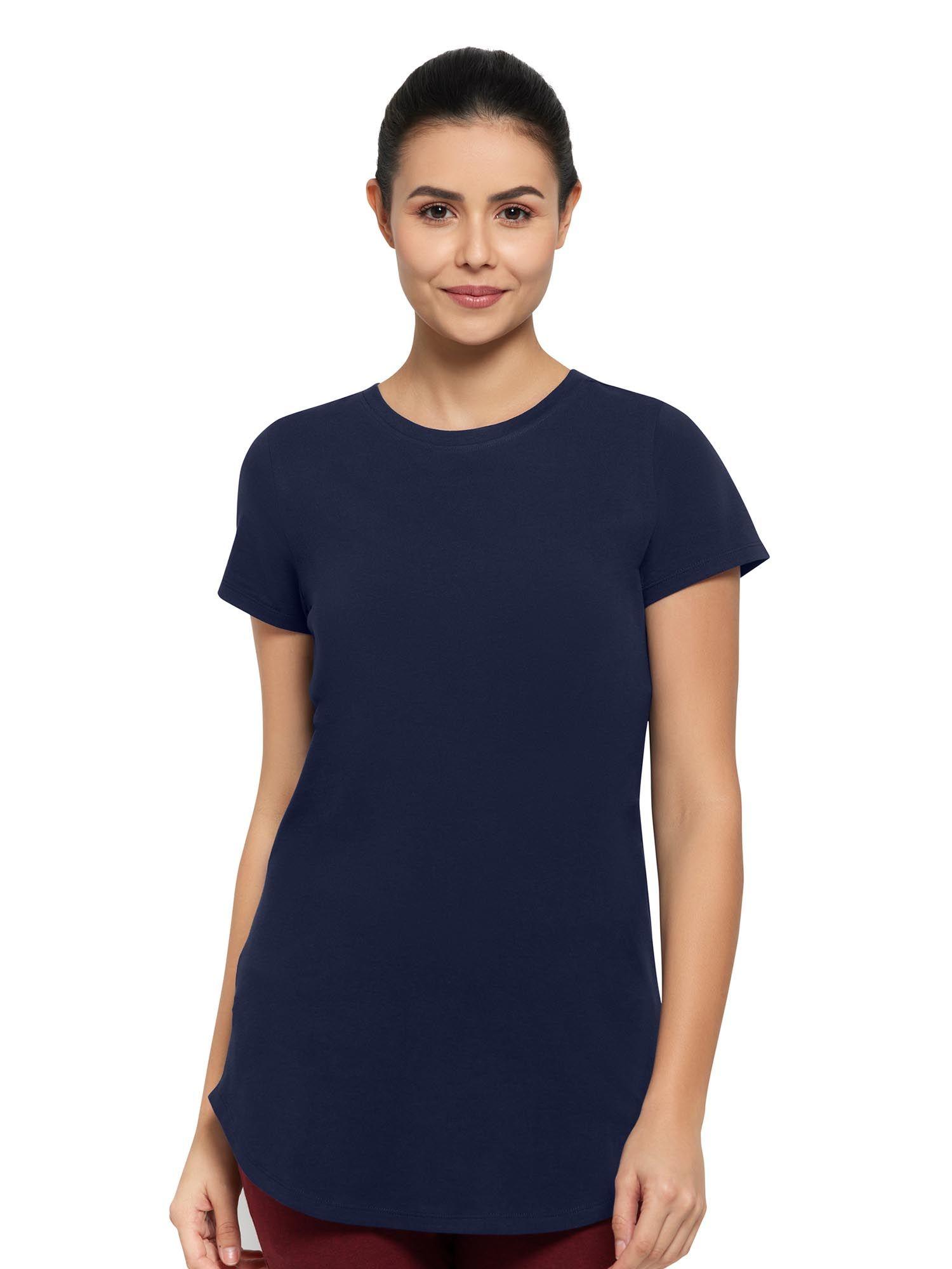 essential solid round neck short sleeve long length t-shirt-blue