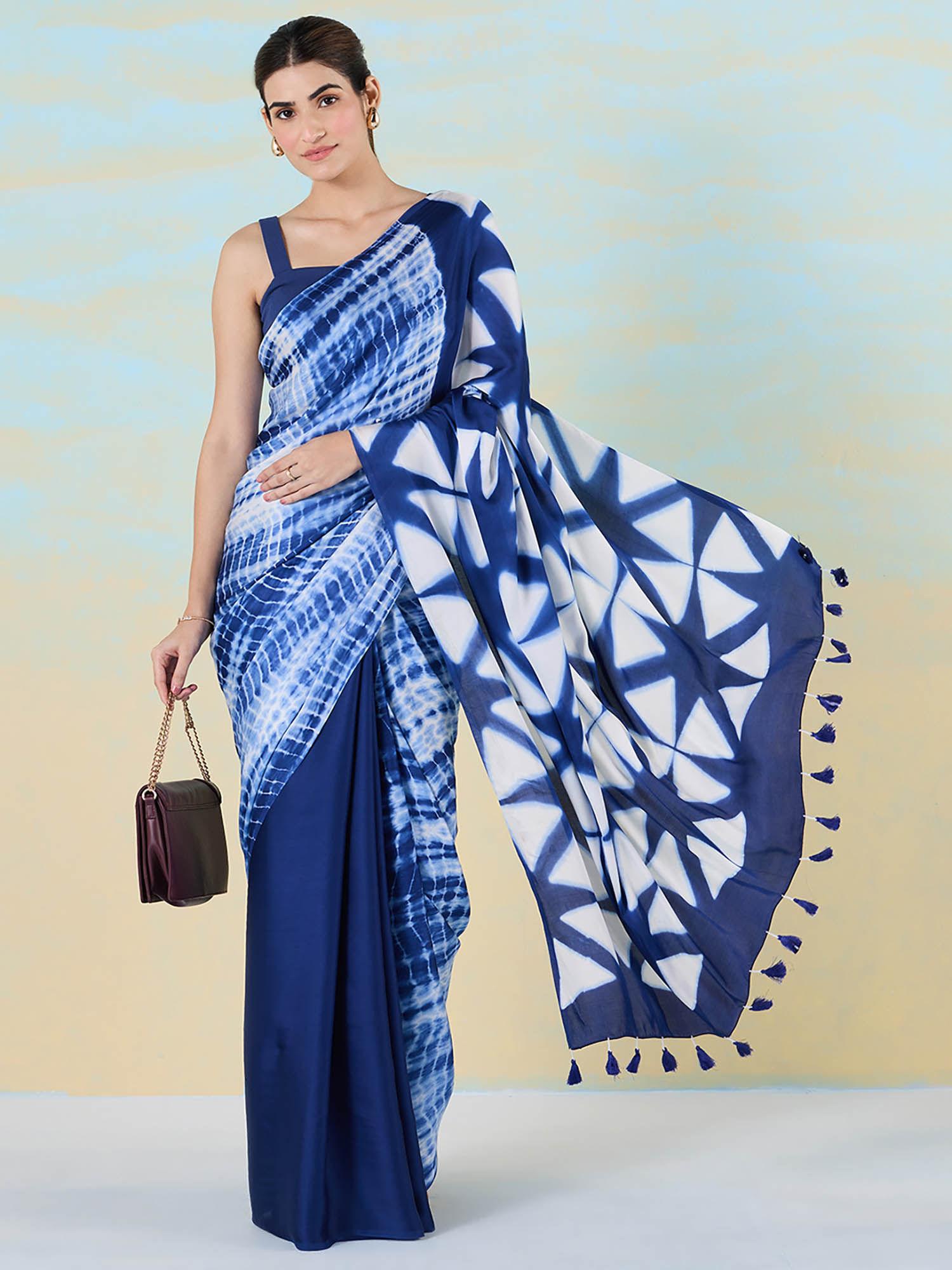 essentially indigo saree with unstitched blouse