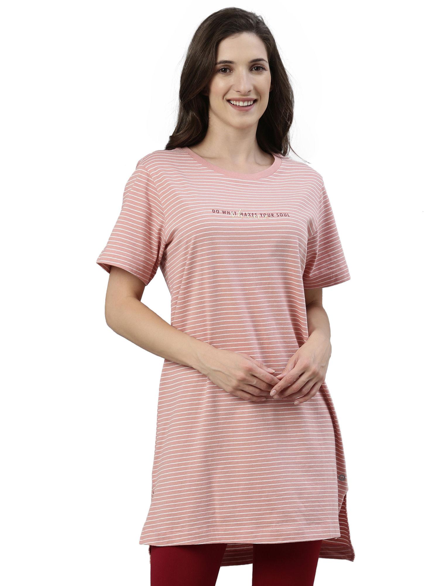essentials womens ea61-crew neck striped tunic tee with side slit-rouge - pink