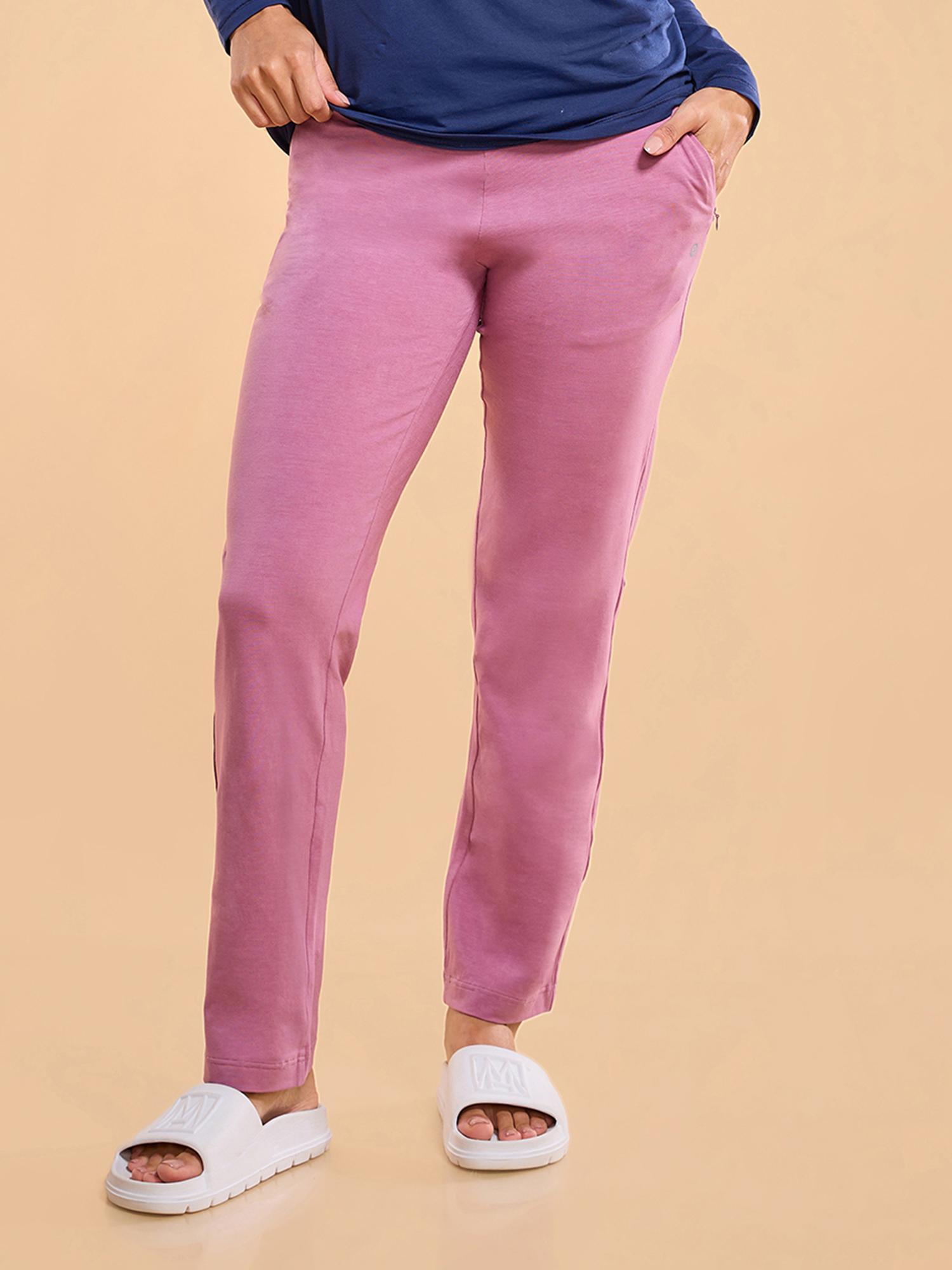 essentials womens e014-mid rise slim fit basic straight leg lounge pants -pink