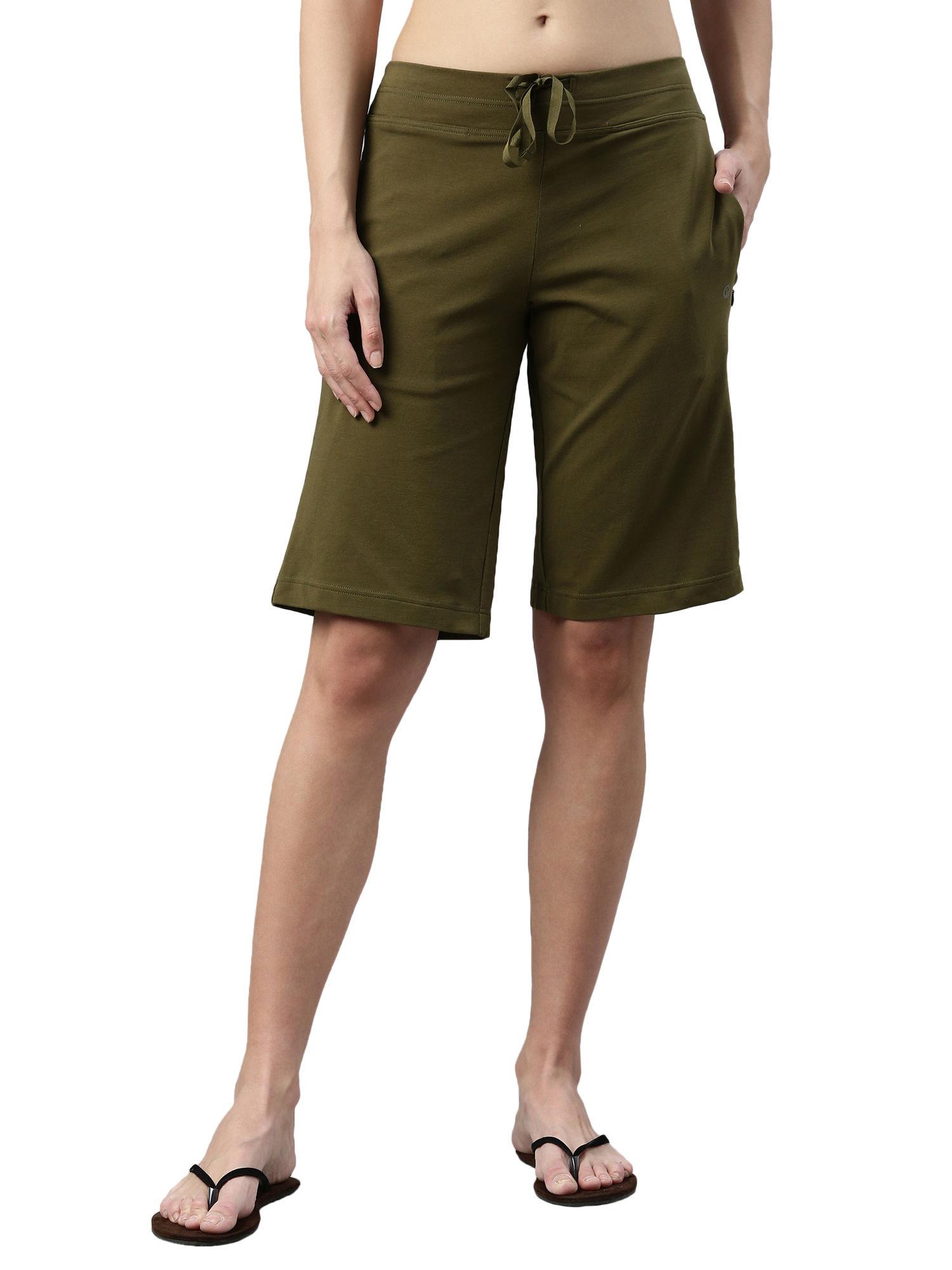 essentials womens e044-mid rise slim fit knee length city shorts-army - green