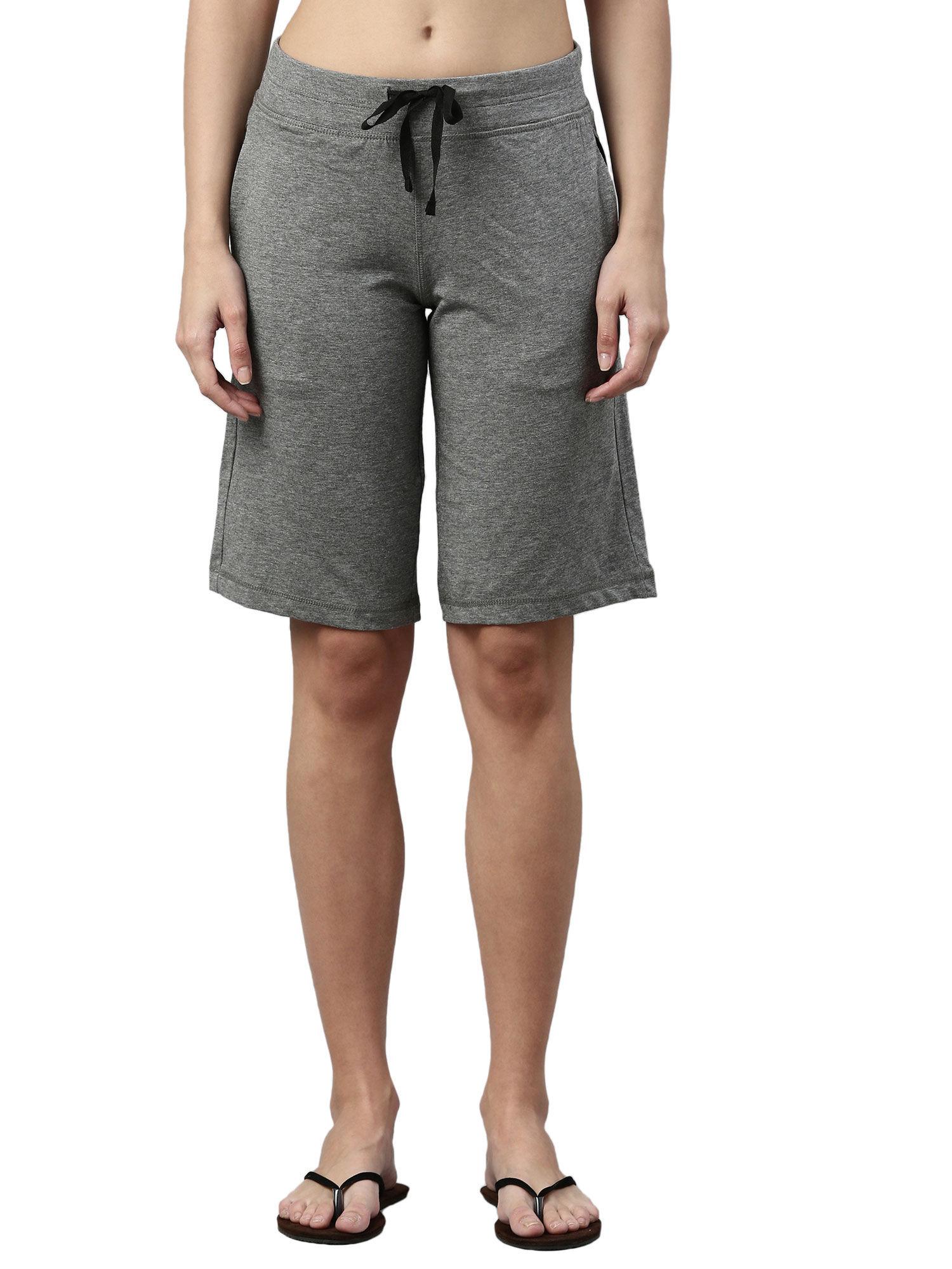 essentials womens e044-mid rise slim fit knee length city shorts-mediumgrey melange grey