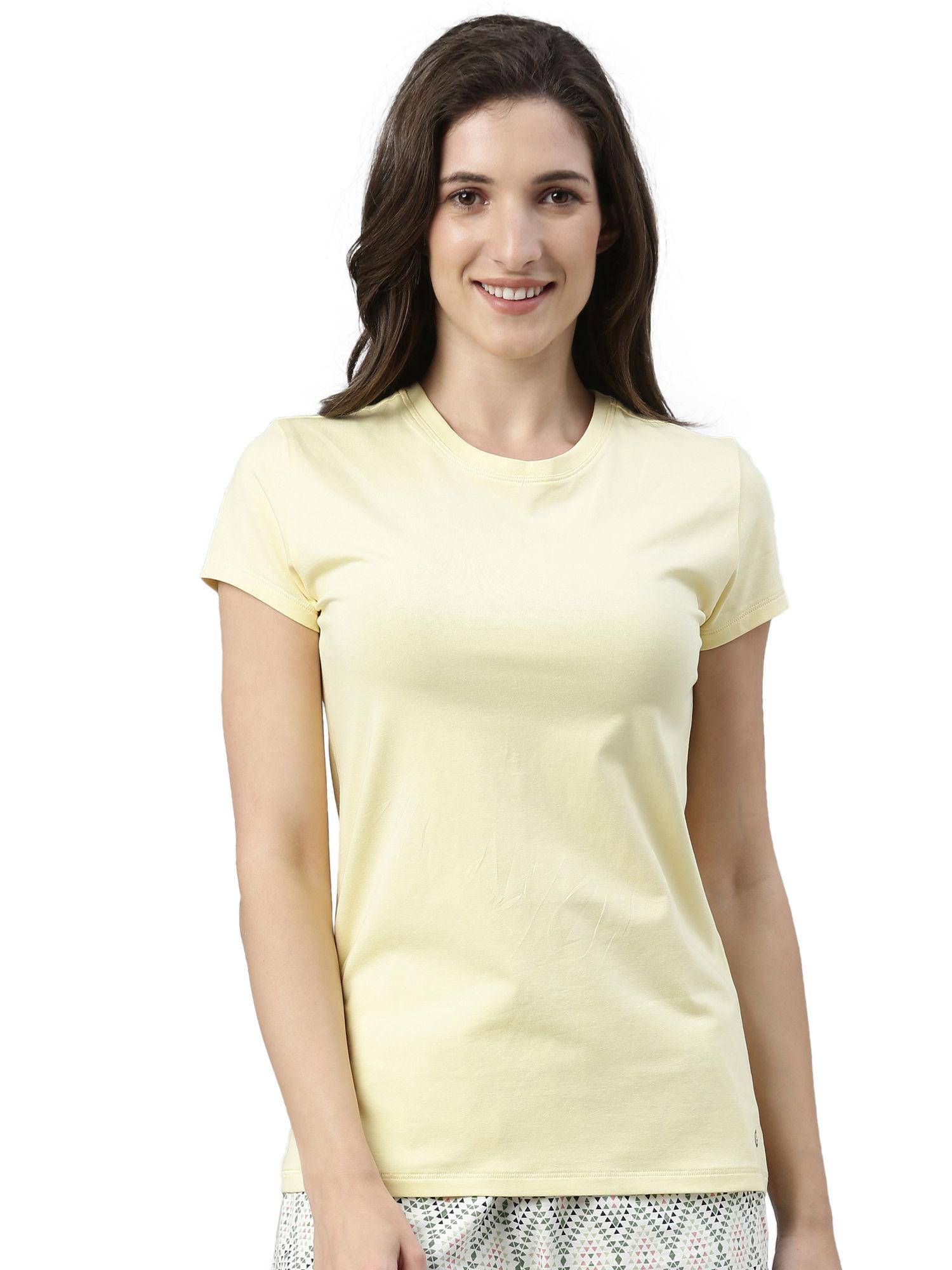 essentials womens e047-short sleeve crew neck slim fit stretch cotton tee-lemon - cream