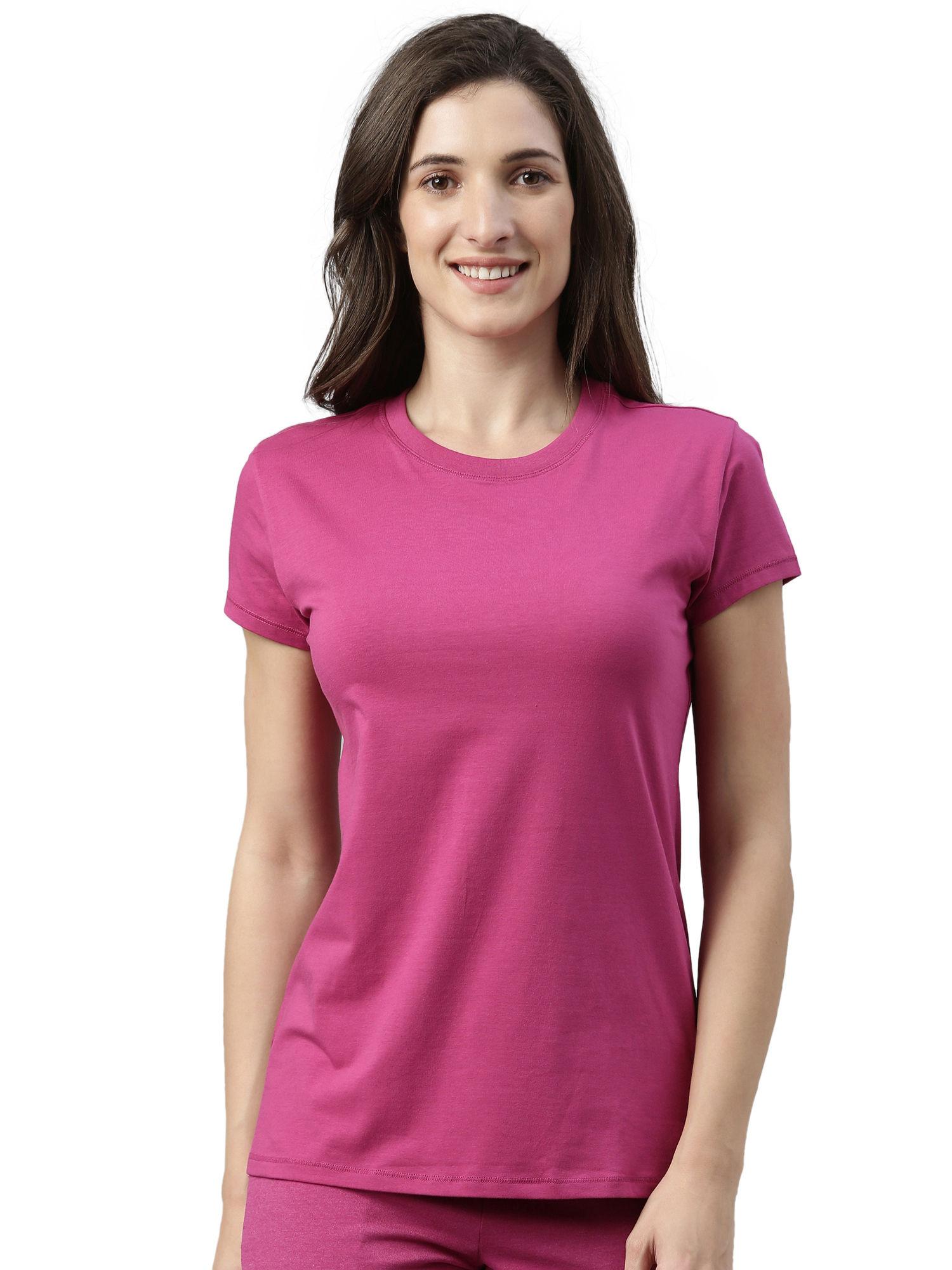 essentials womens e047-short sleeve crew neck slim fit stretch cotton tee-queen - pink