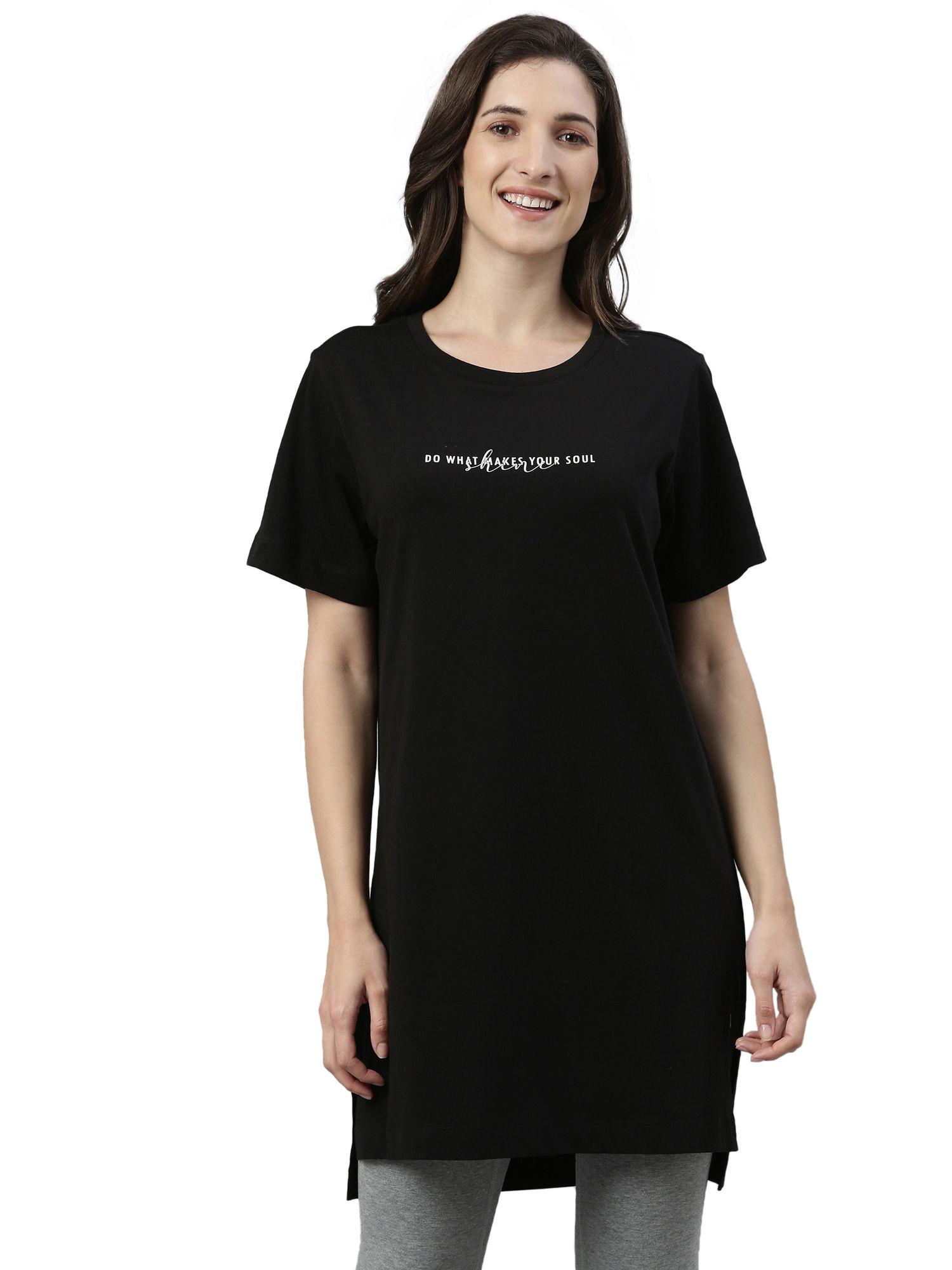 essentials womens e061-short sleeve crew neck tunic tee with side slit-jet - black