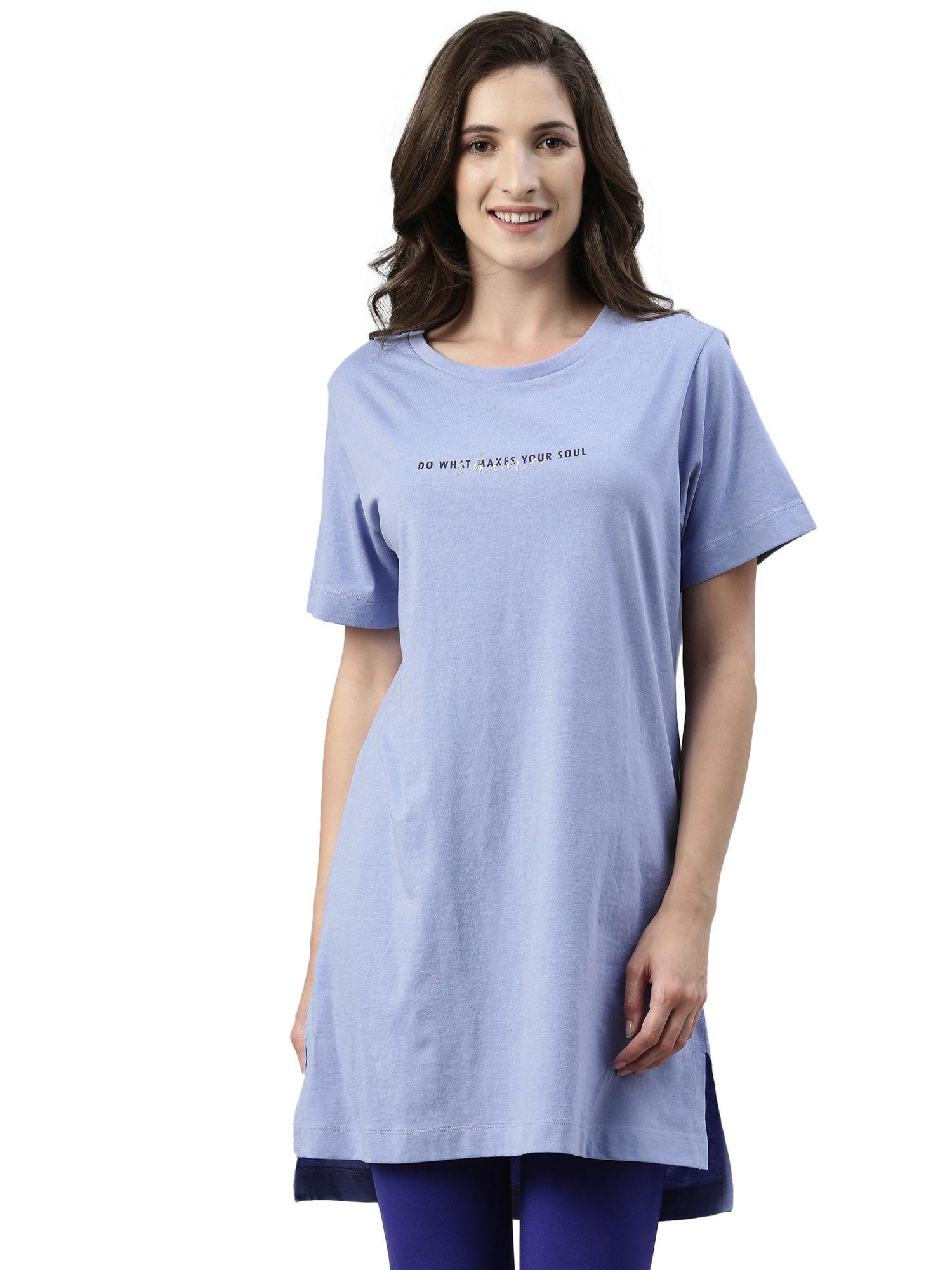 essentials womens e061-short sleeve crew neck tunic tee with side slit-powder - blue