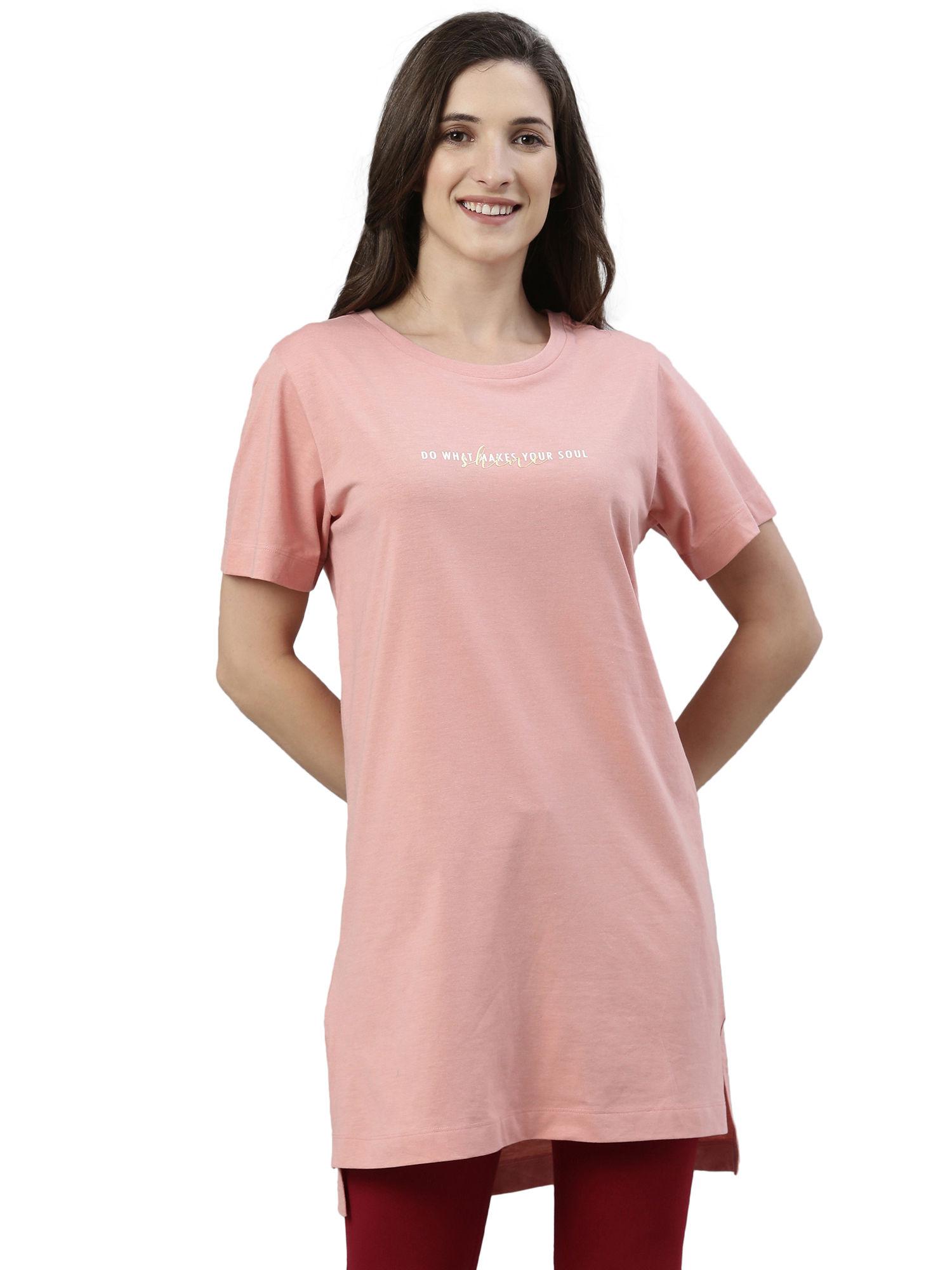 essentials womens e061-short sleeve crew neck tunic tee with side slit-rouge - pink