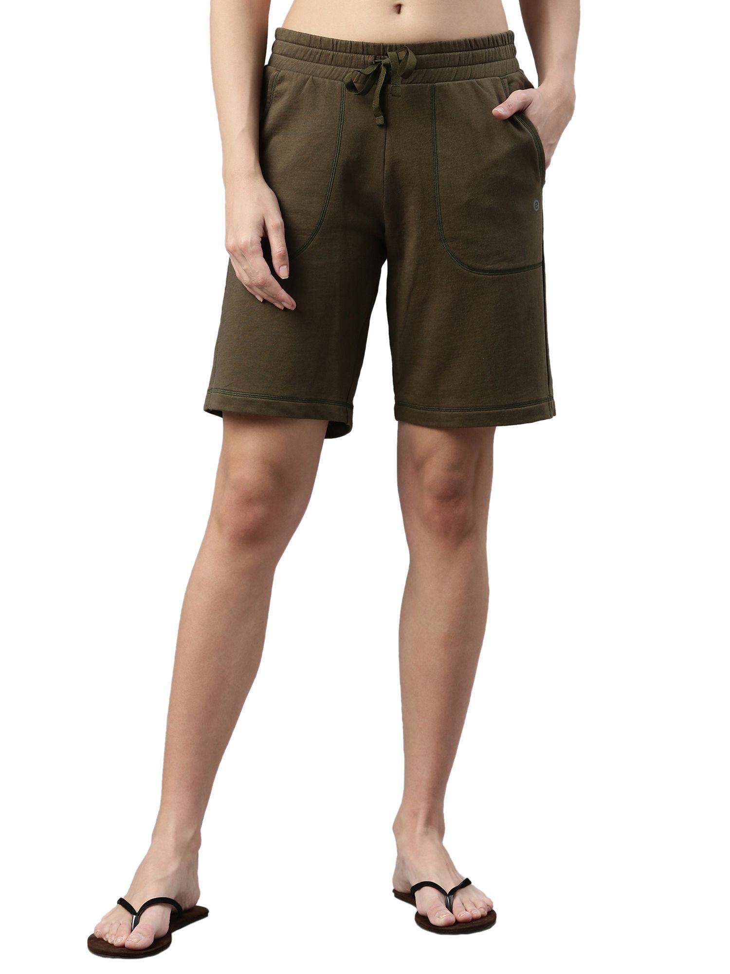 essentials womens e080-mid rise relaxed fit knee length bermuda-army - green