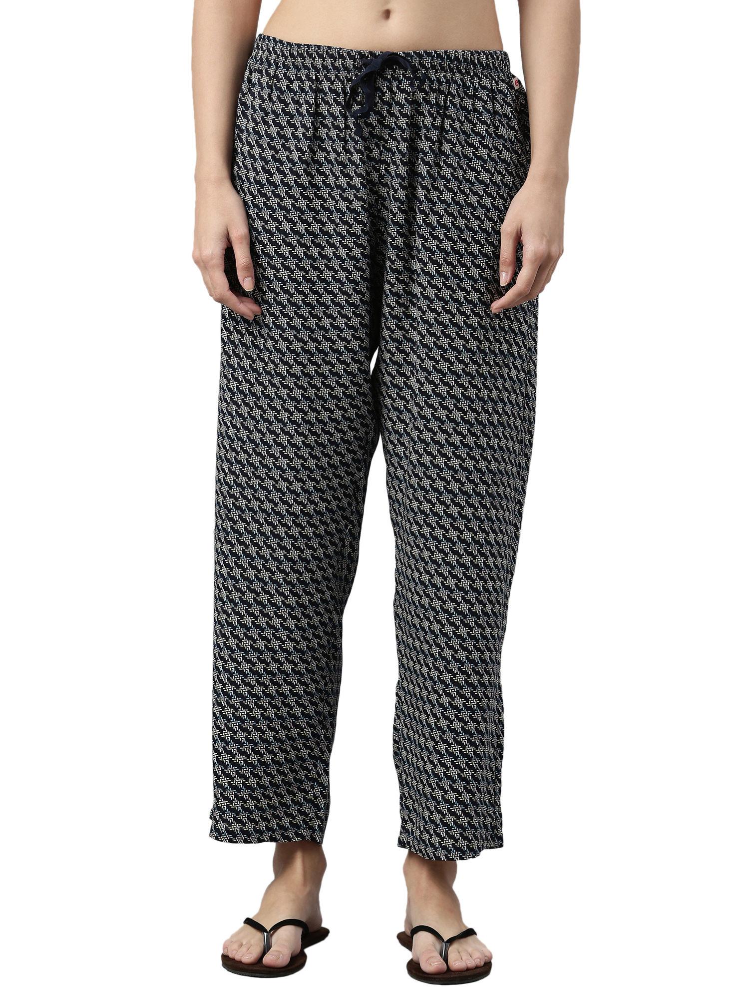 essentials womens e4a3- mid rise modal woven printed pull-on pant-navy - nab