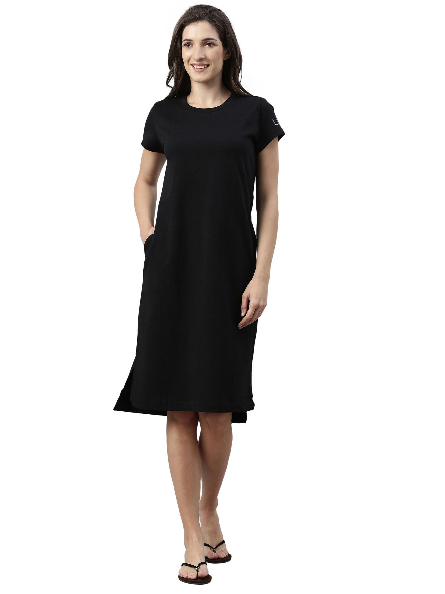 essentials womens e801-short sleeve crew neck cotton terry lounge dress-jet - black