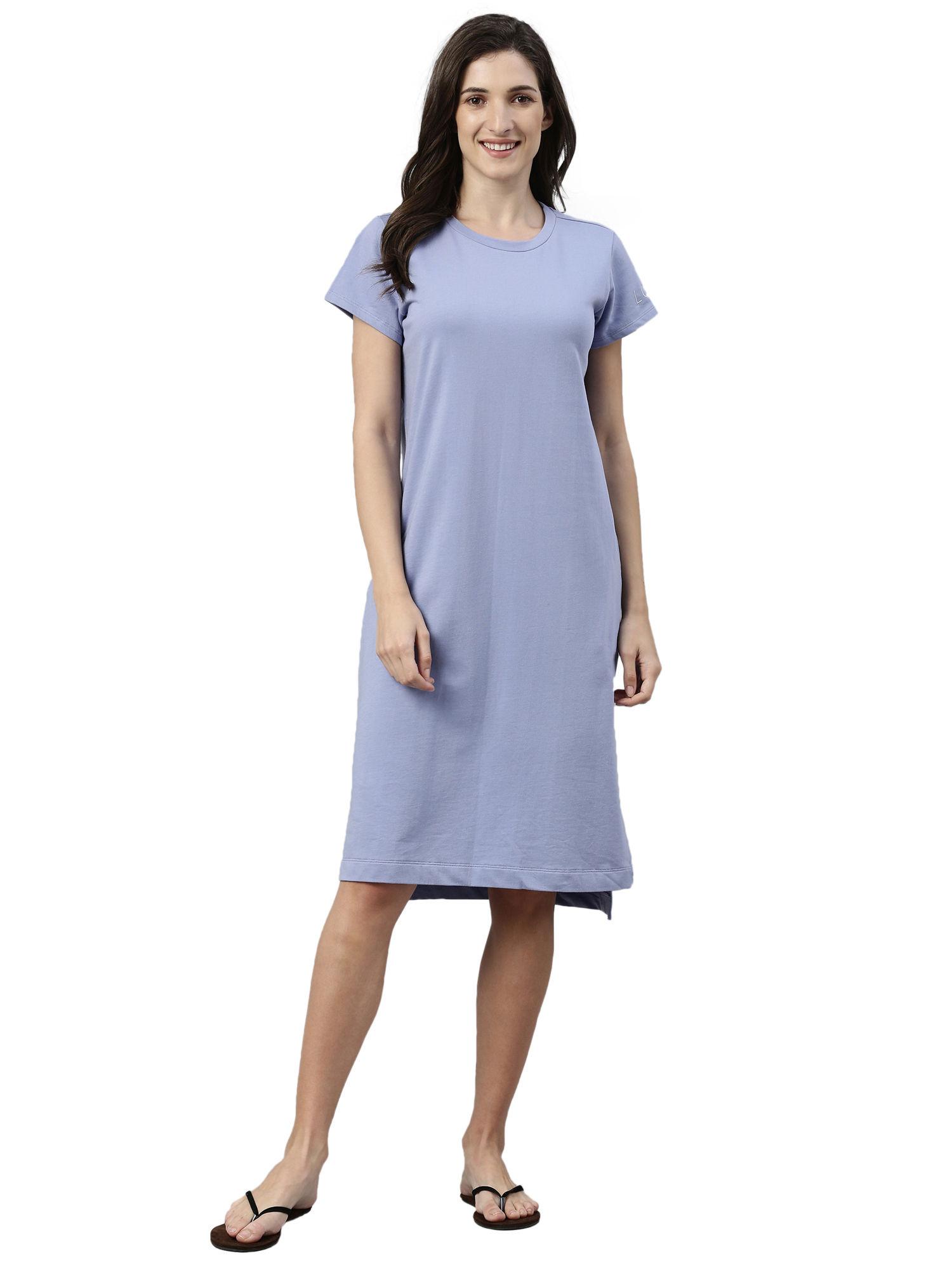 essentials womens e801-short sleeve crew neck cotton terry lounge dress-powder - blue